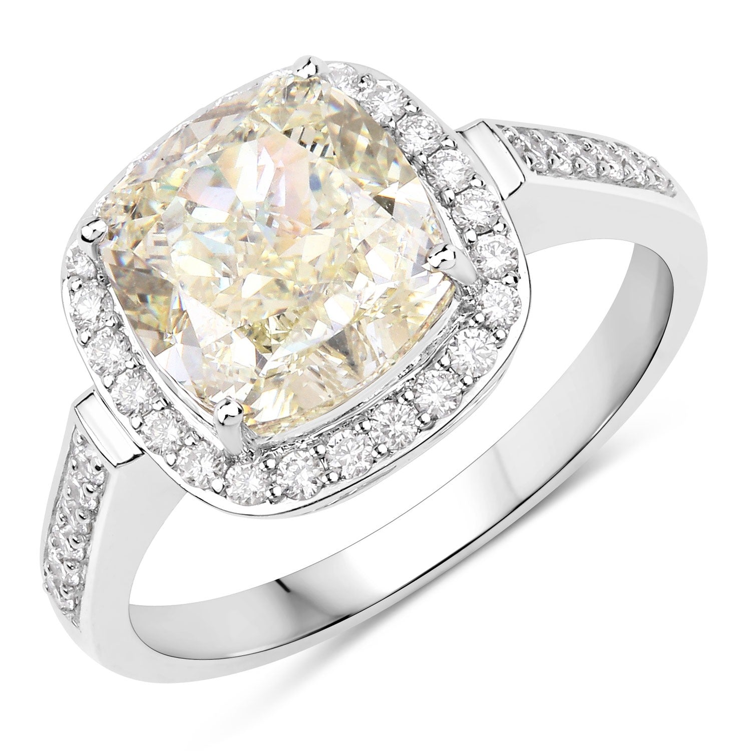 4.02 Ct Natural Yellow Diamond 18K White Gold Halo Cushion Ring