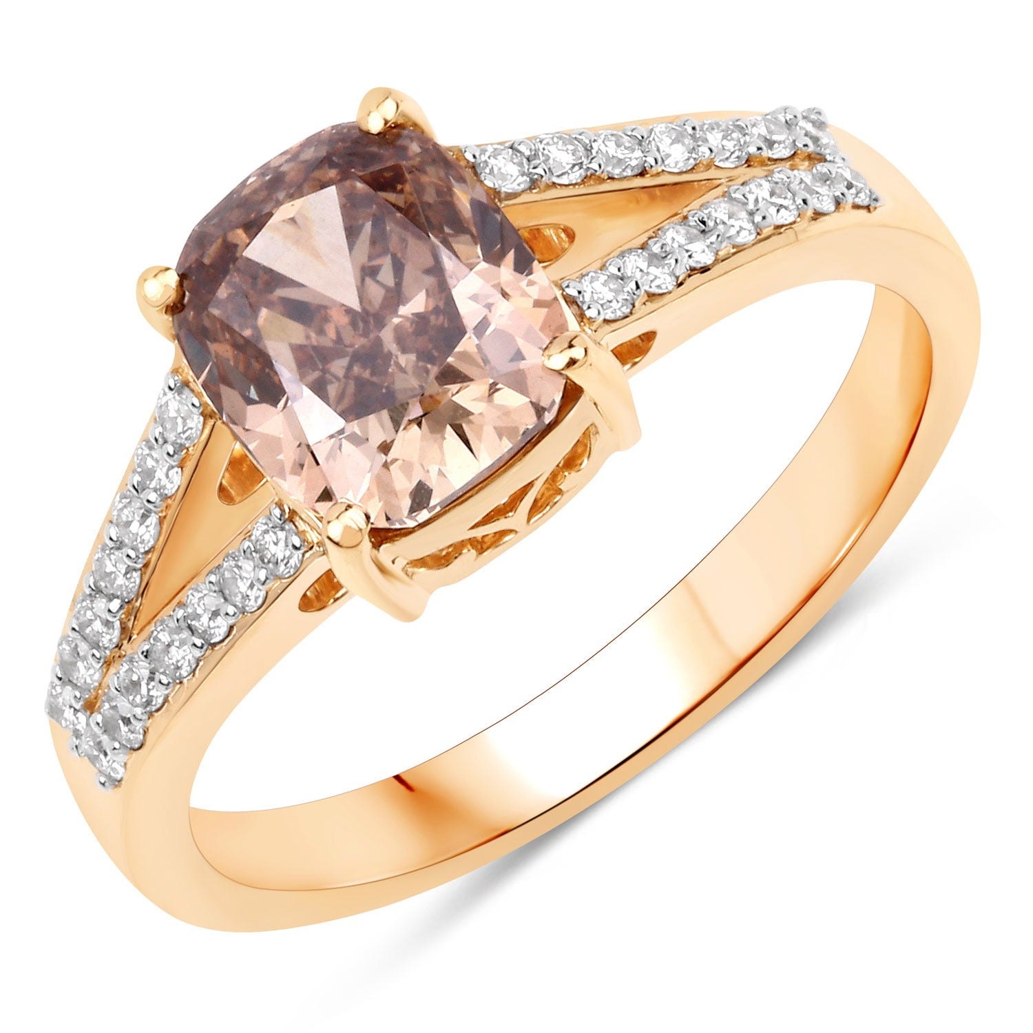 2.02 Ct Genuine Cushion Cut Brown Diamond 18K Yellow Gold Split Shank Ring