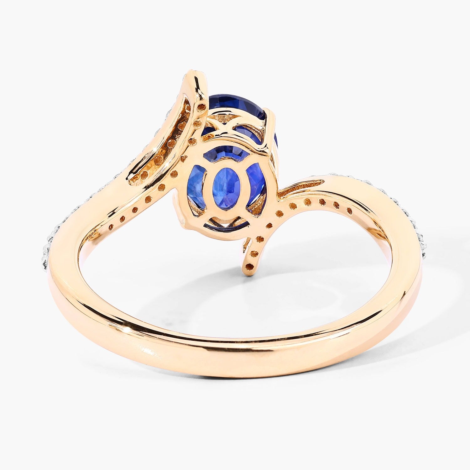 2.42 Ct Oval Ceylon Blue Sapphire and White Diamond Prong 18K Yellow Gold Pave Bypass Ring