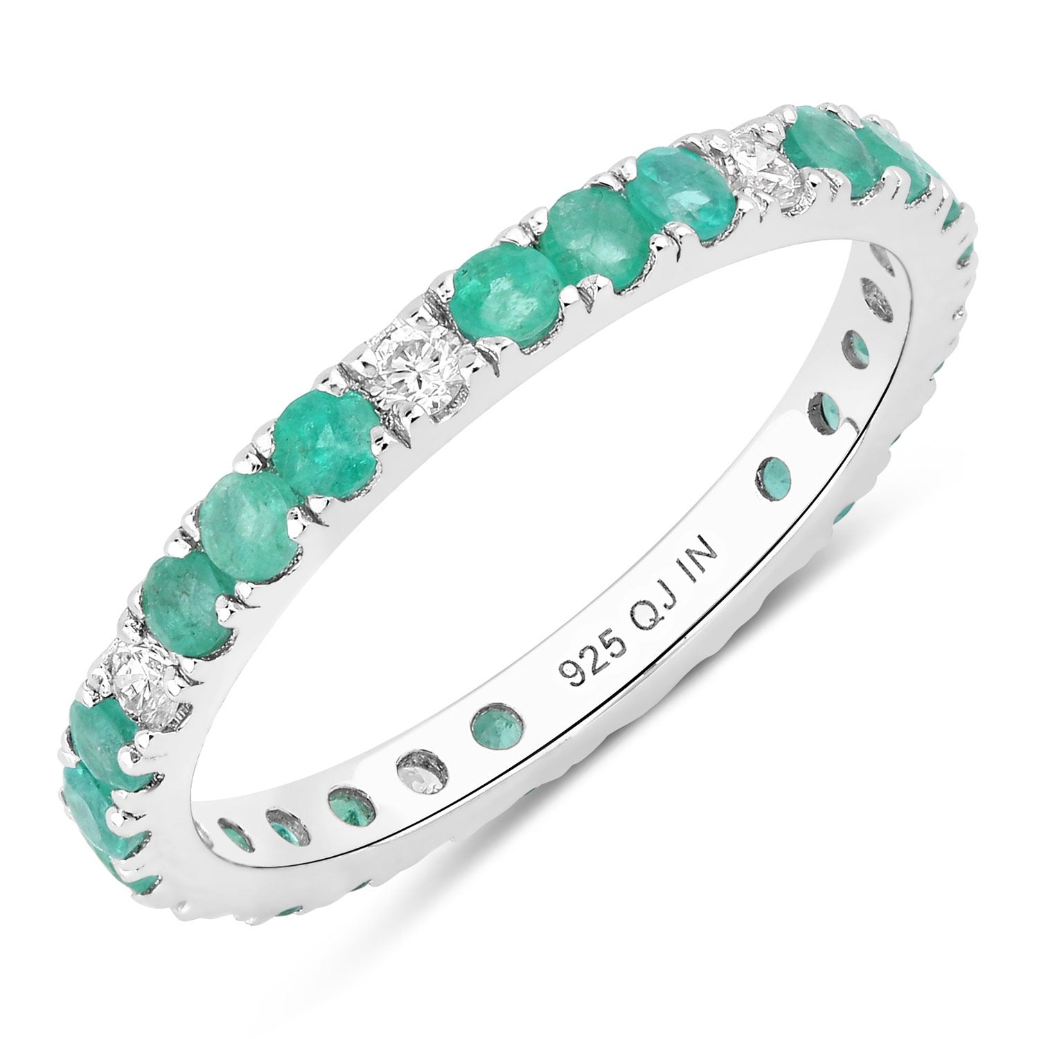 0.99 Ct Genuine Zambian Emerald and Lab Diamond Silver Eternity Ring Fine Color Jewels