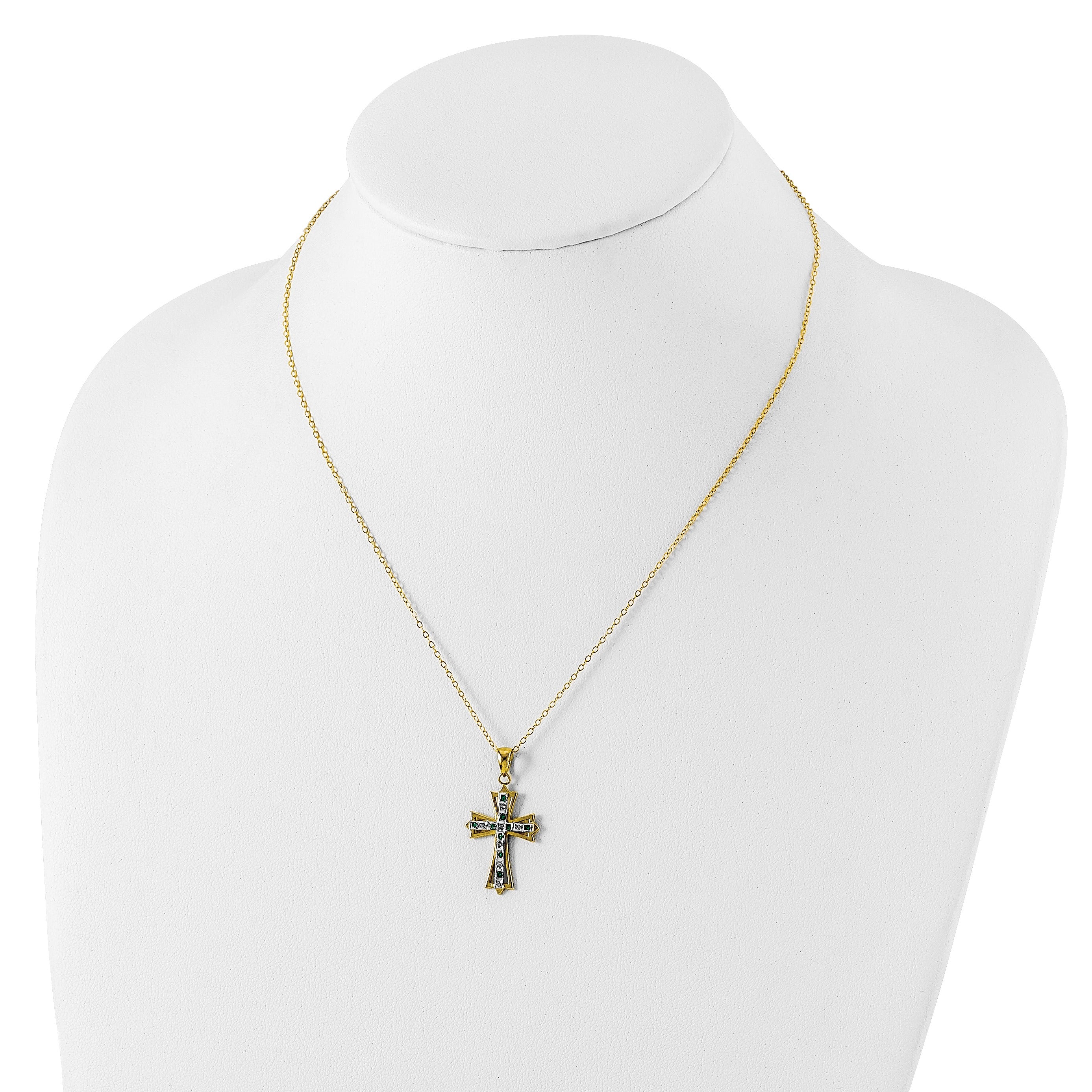 Silver Natural Diamond and Emerald Cross Necklace