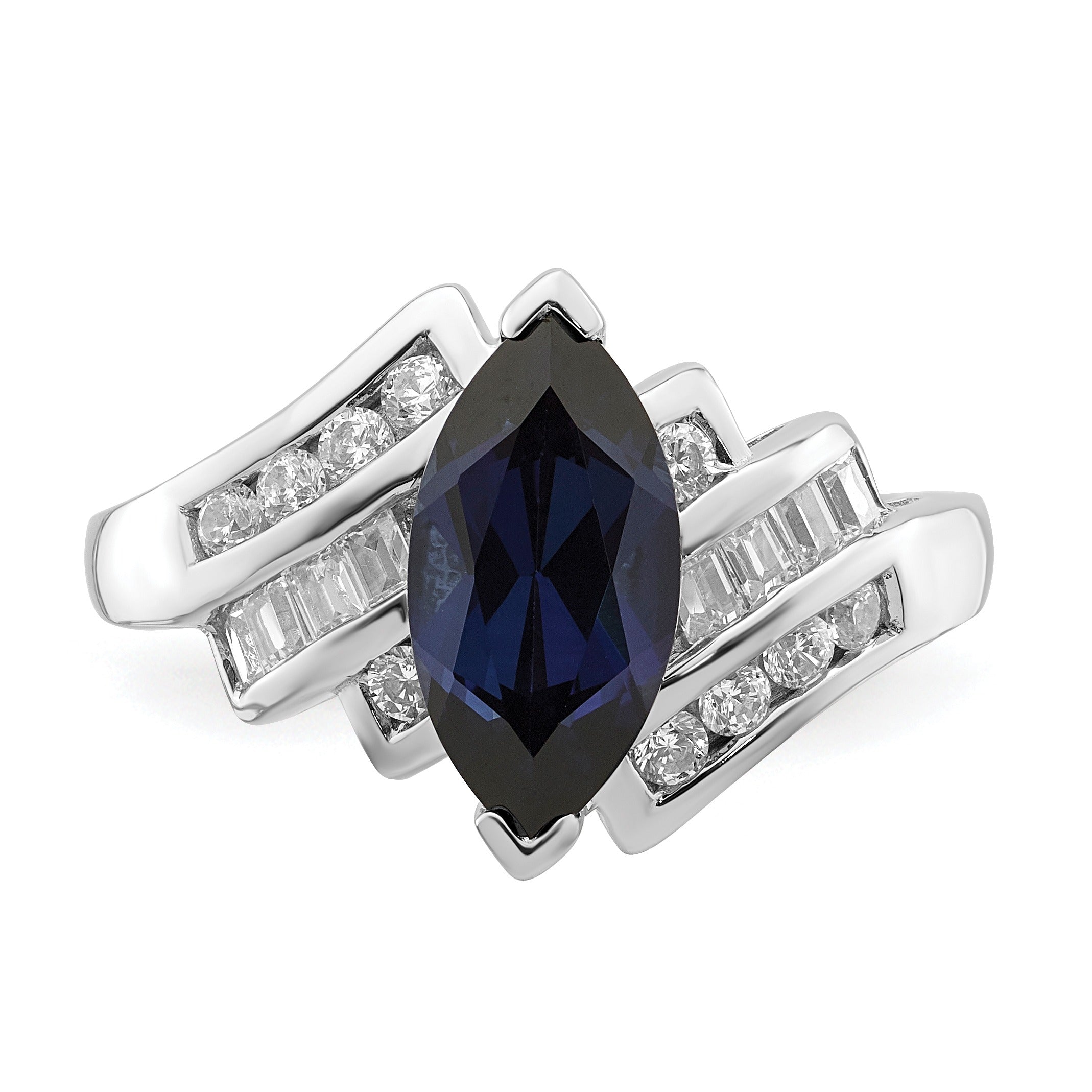 Marquise Blue Lab Created	Sapphire Prong Sterling Silver Bypass Statement Ring