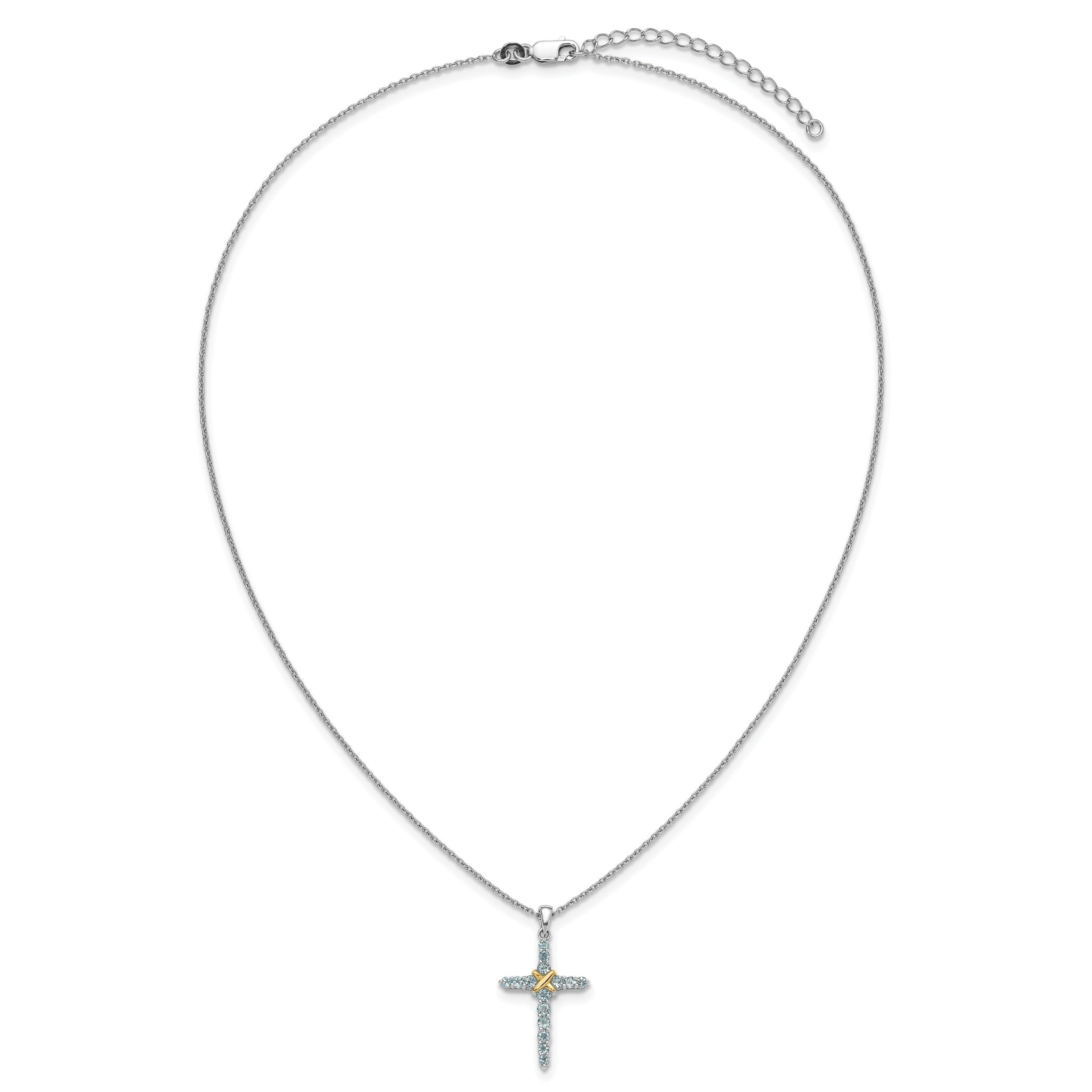 Silver 14k -X- Accent Natural Swiss Blue Topaz Cross Necklace
