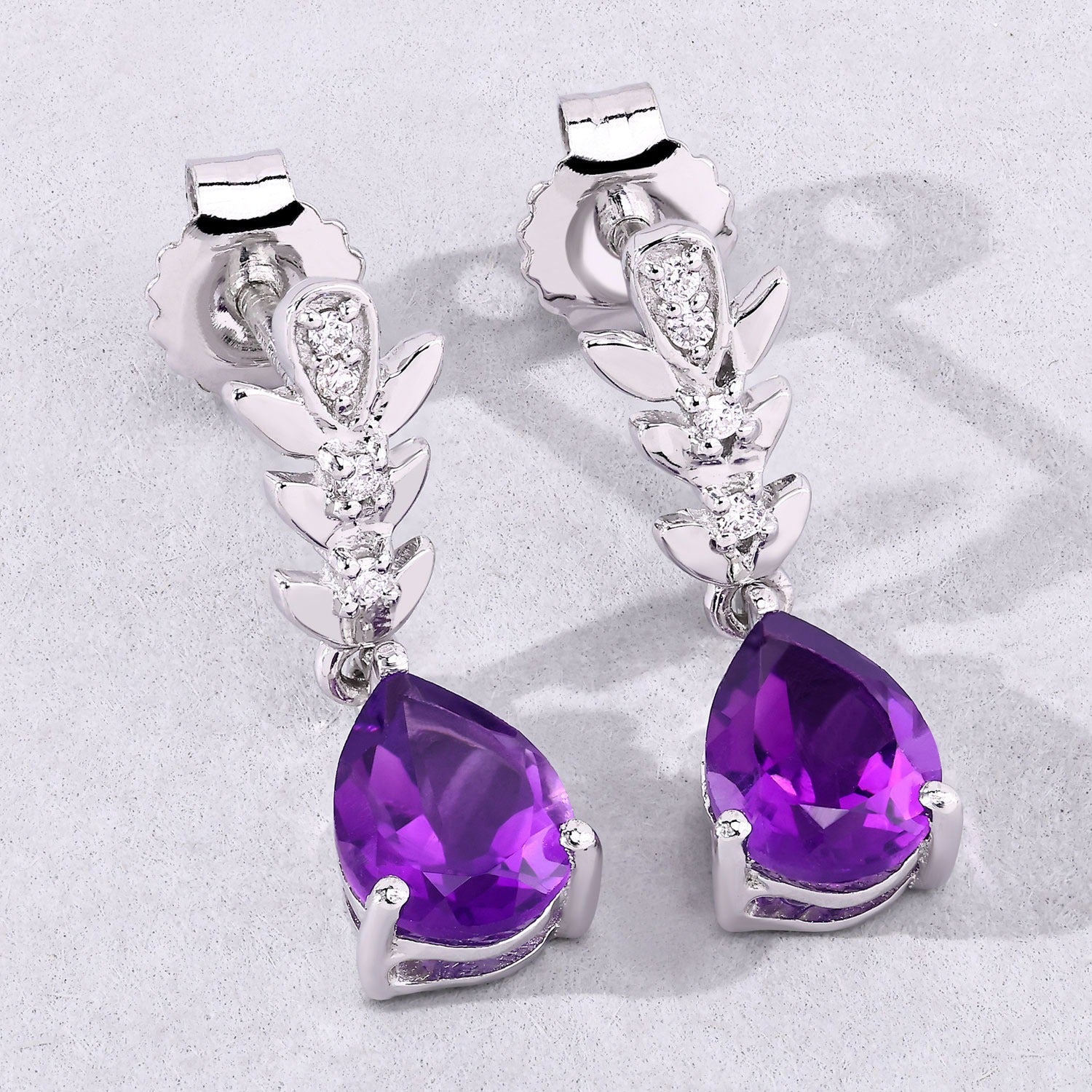 Genuine Amethyst and Lab Diamond Silver Earrings