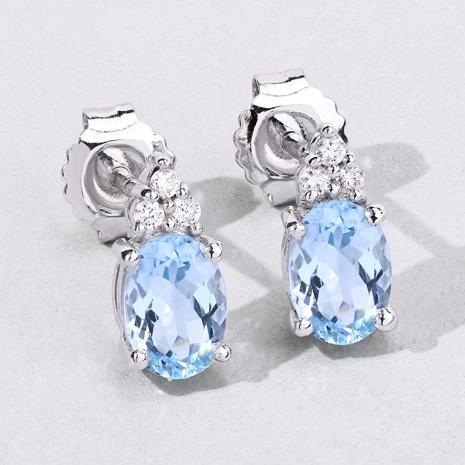 Genuine Aquamarine and Diamond Silver Earrings