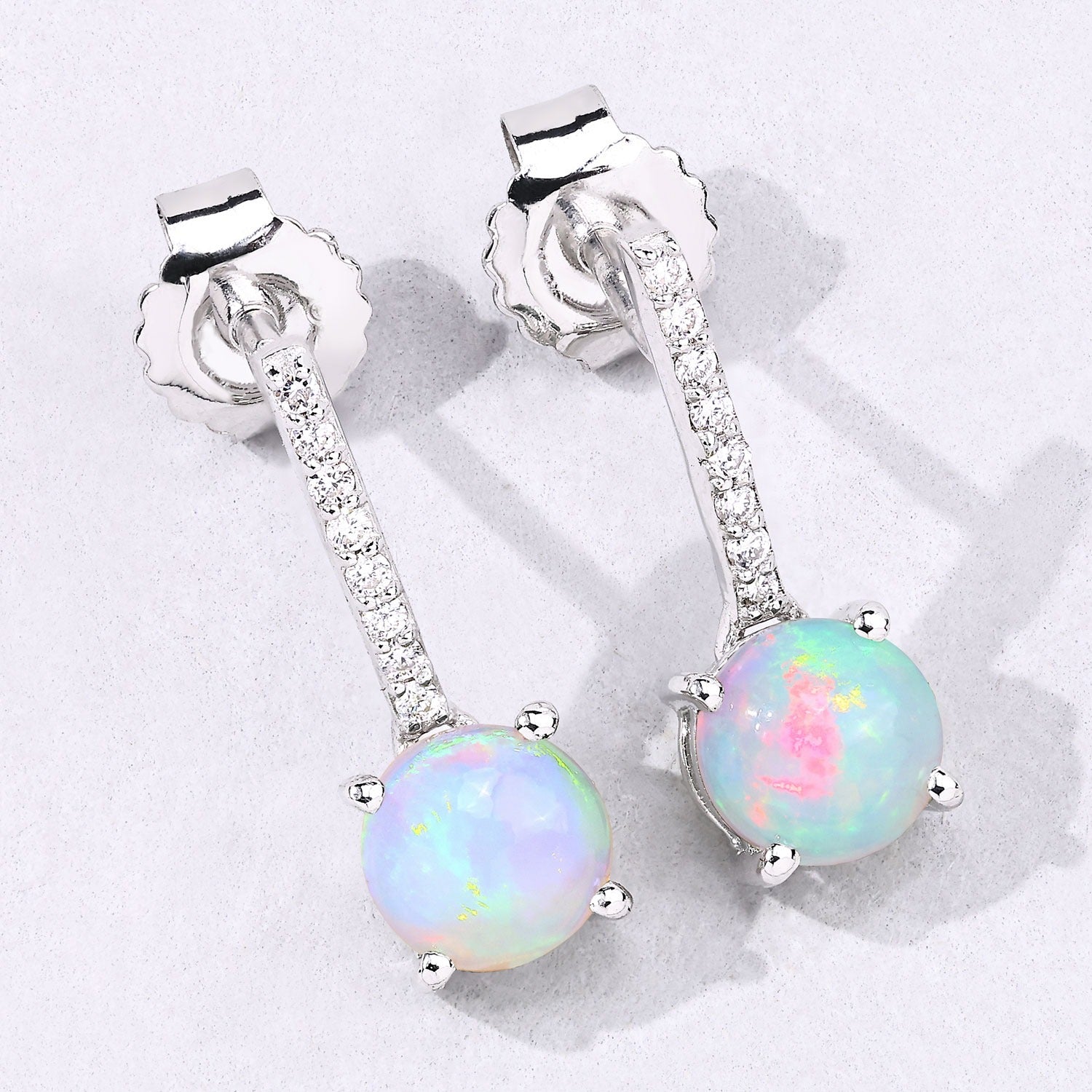 Genuine Ethiopian Opal Lab Grown Diamond Silver Drop Earrings