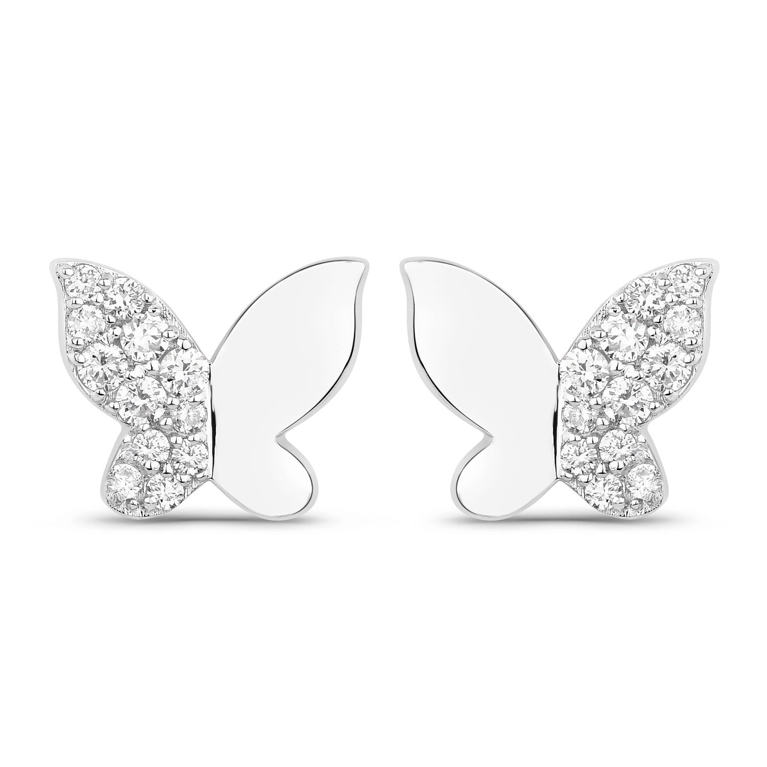 0.34 Cttw Round White Lab Diamond Pavé Rhodium Plated Silver Half Pavé Butterfly Stud Earrings