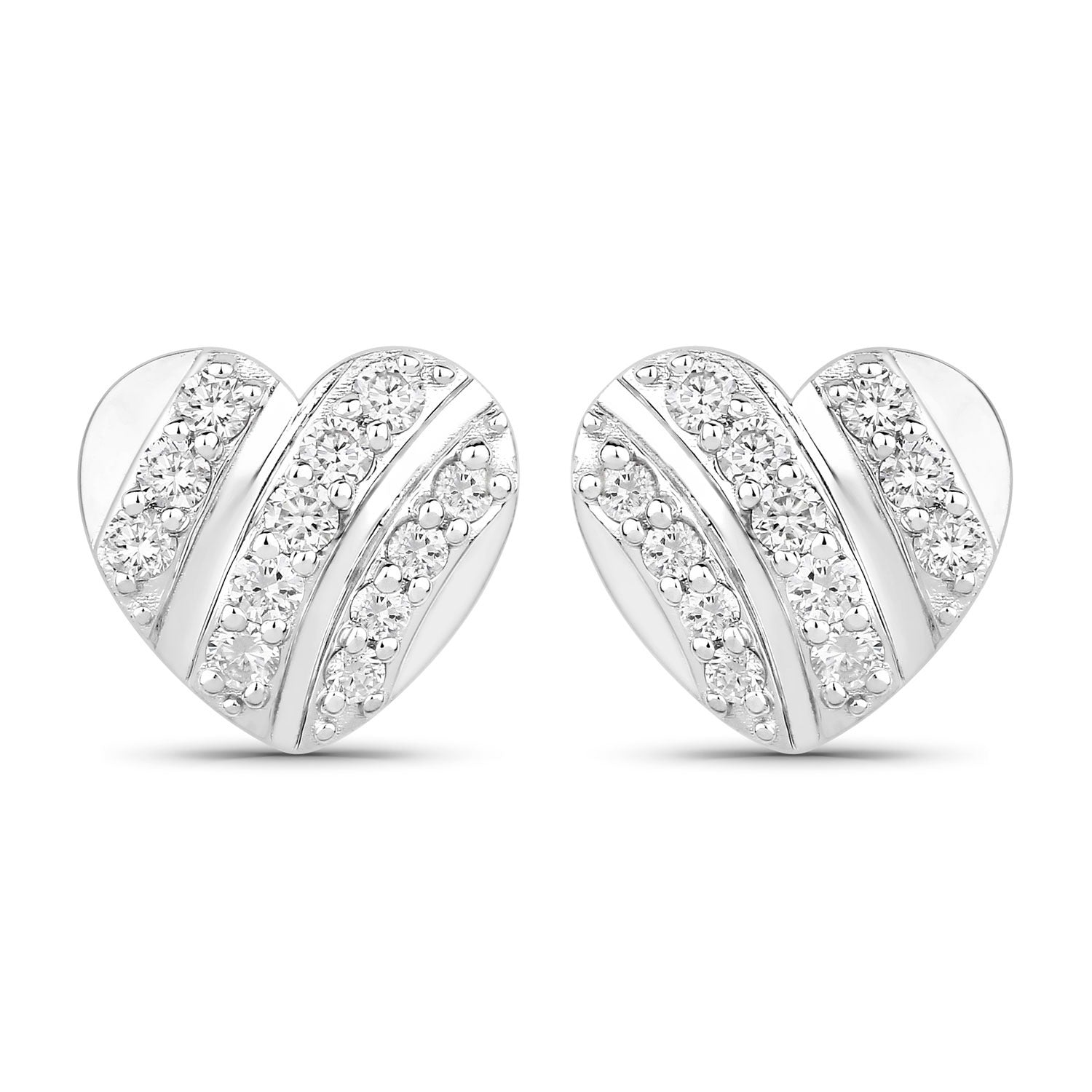0.50 Cttw Round White Lab Diamond Pavé Rhodium Plated Silver Striped Heart Stud Earrings