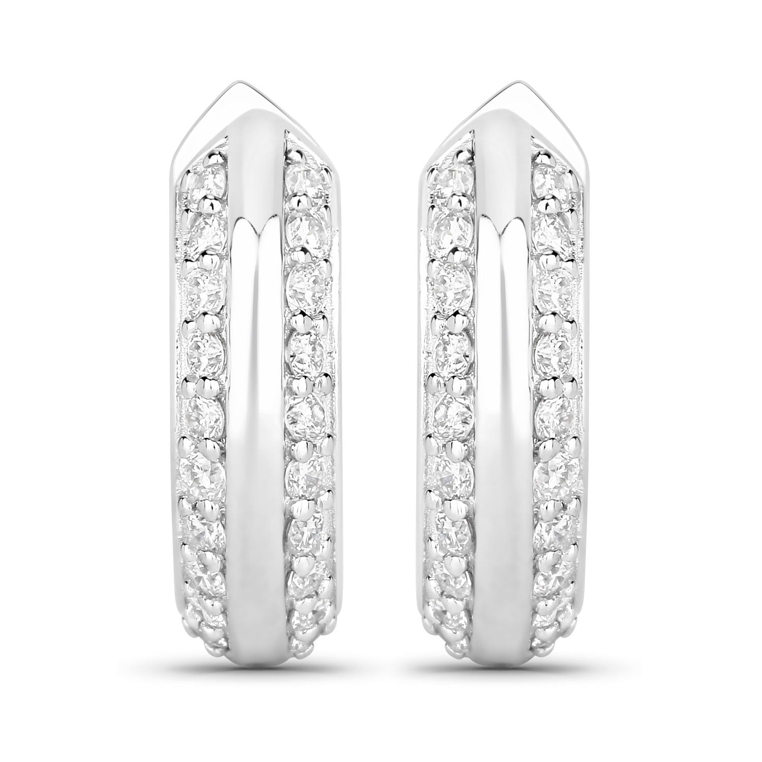 1.00 Cttw Round White Lab Diamond Pavé Rhodium Plated Silver Double Row Huggie Hoop Earrings