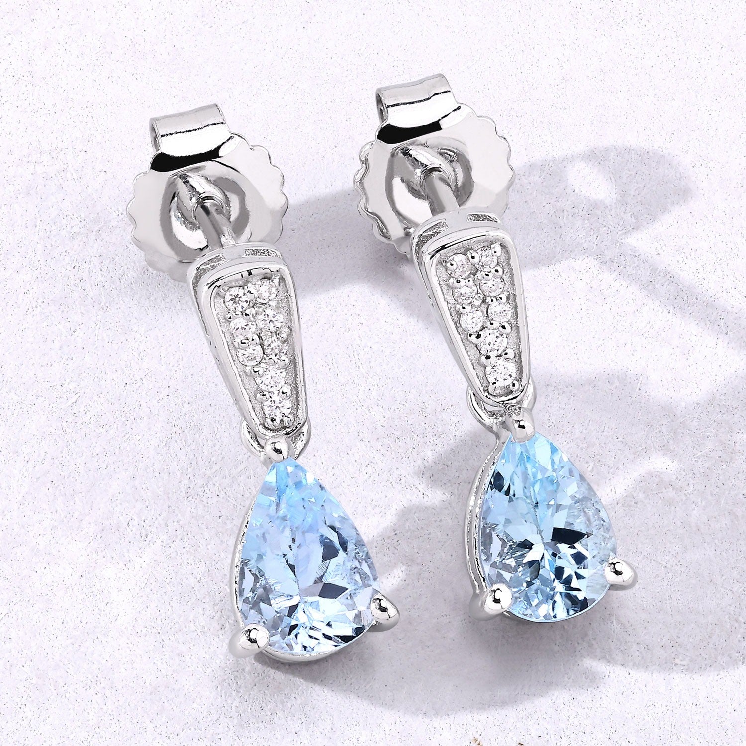 Genuine Aquamarine Lab Diamond Silver Drop Earrings