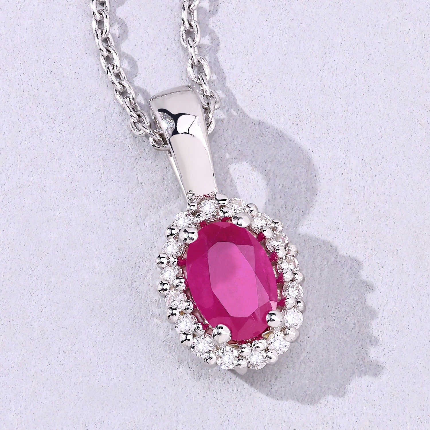 0.62 Ct Genuine Mozambique Ruby and Lab Diamond Silver Halo Necklace