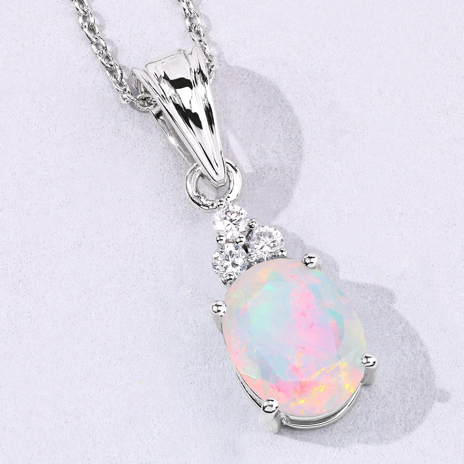 1.68 Ct Genuine Ethiopian Opal and Lab Grown Diamond Silver Necklace