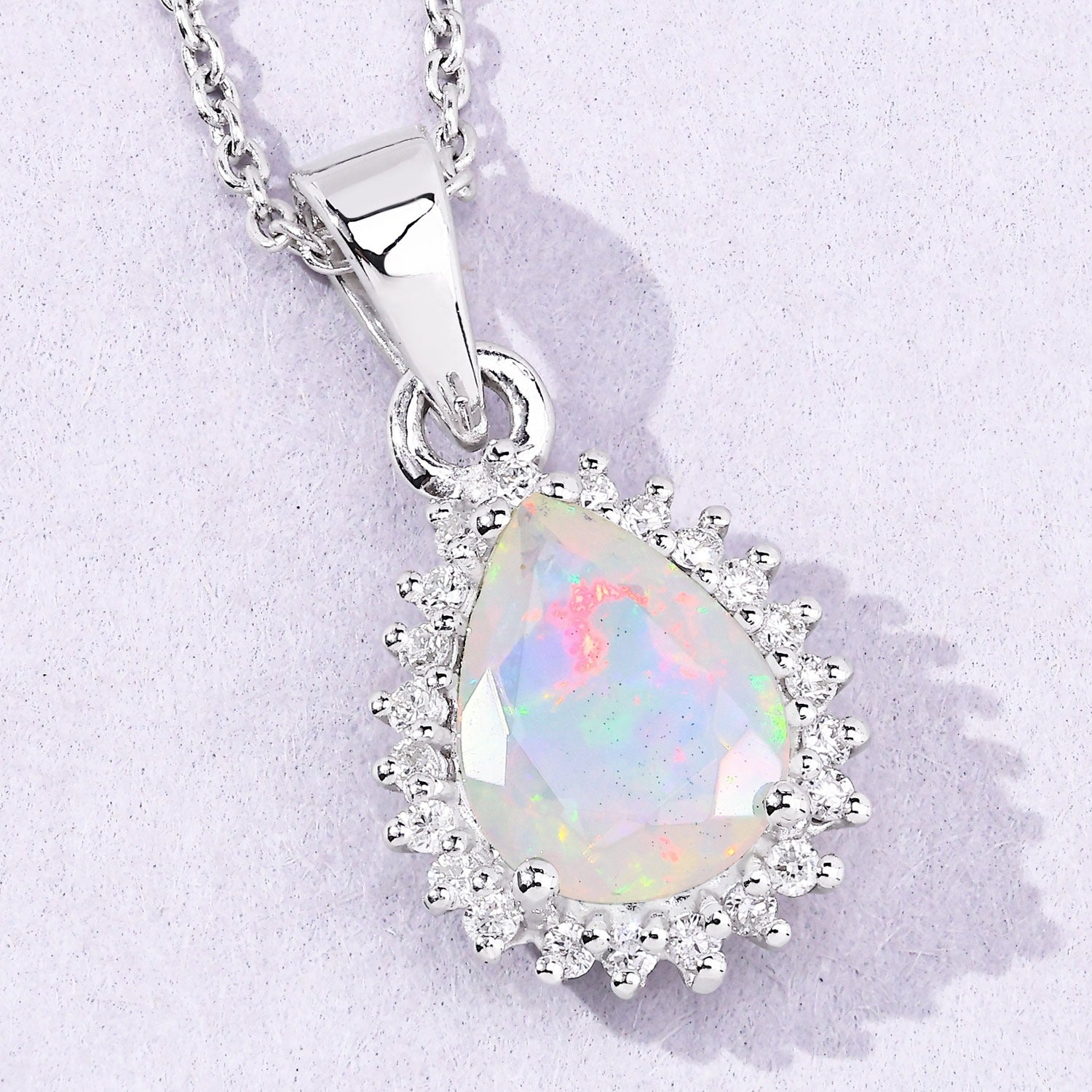 1.07 Ct Genuine Ethiopian Opal and Lab Diamond Silver Teardrop Necklace
