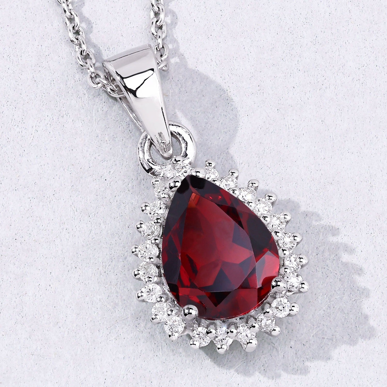 1.97 Ct Genuine Mozambique Garnet and Lab Diamond Silver Teardrop Necklace