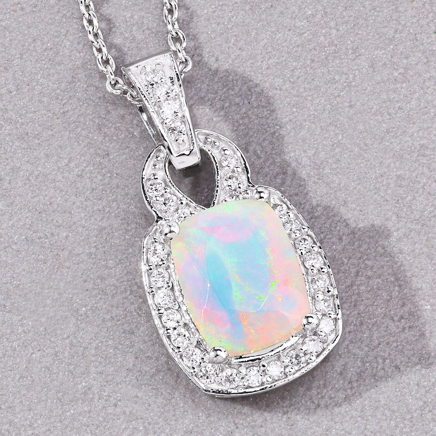 1.23 Ct Genuine Ethiopian Opal and Lab Diamond Silver Cushion Necklace