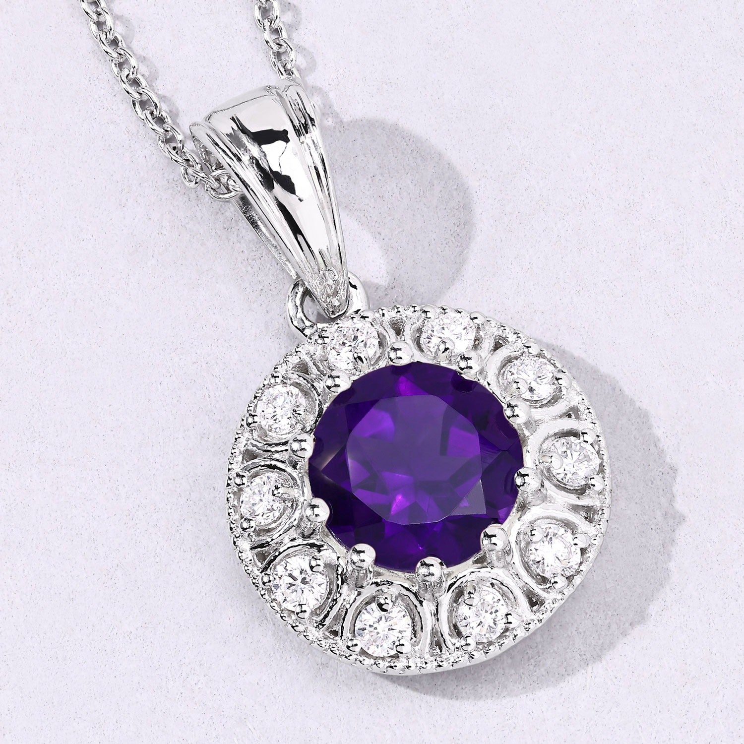 2.15 Ct Genuine Amethyst and Lab Diamond Sterling Silver Halo Necklace
