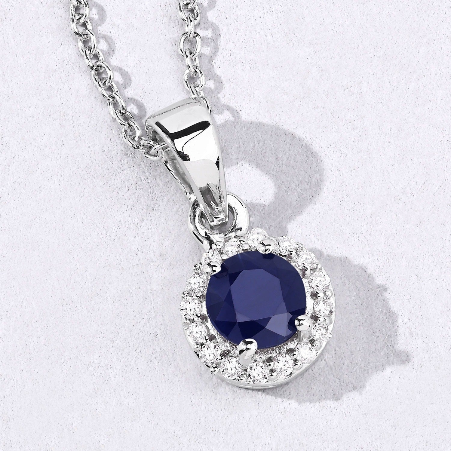 0.75 Ct Genuine Blue Sapphire and Lab Diamond Silver Round Halo Necklace Fine Color Jewels