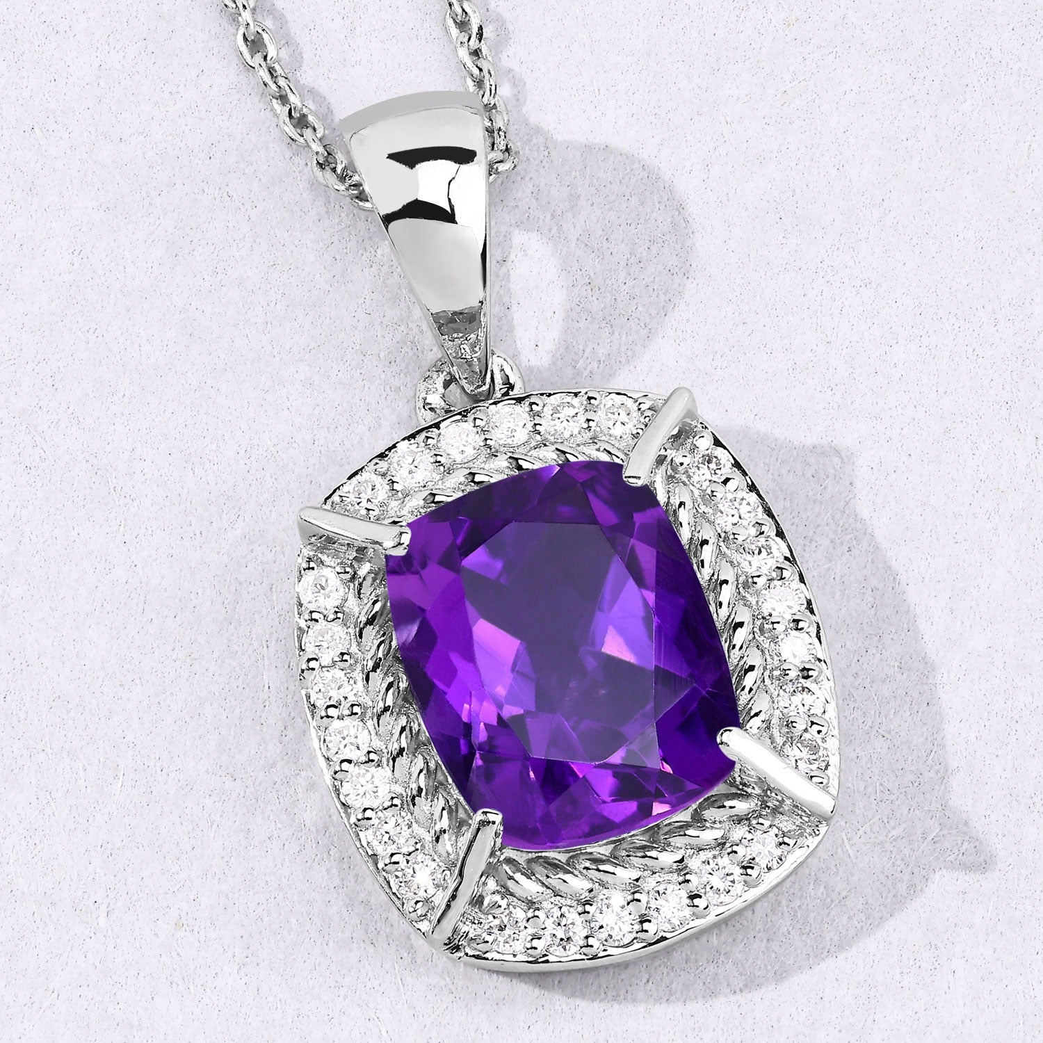 2.86 Ct Genuine Purple Amethyst and Lab Diamond  Silver Halo Necklace