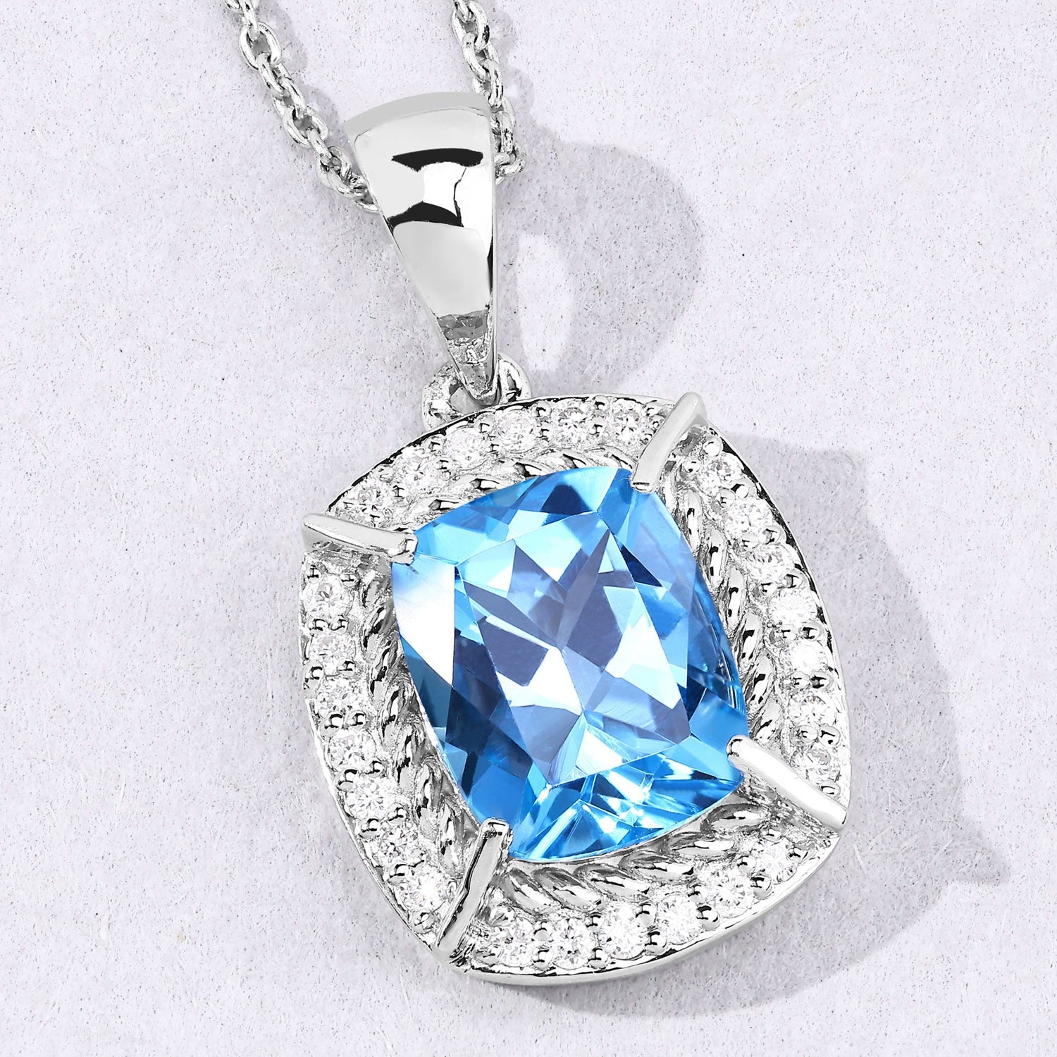 3.76 Ct Genuine Swiss Blue Topaz and Lab Diamond Silver Halo Necklace