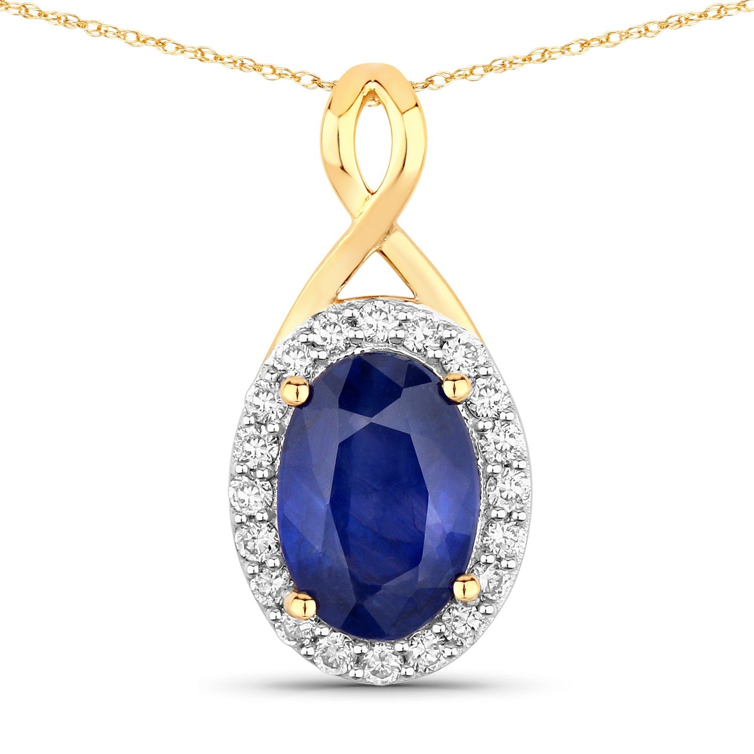 1.88 Ct Genuine Oval Ceylon Blue Sapphire and Diamond 18K Yellow Gold Crossover Pendant