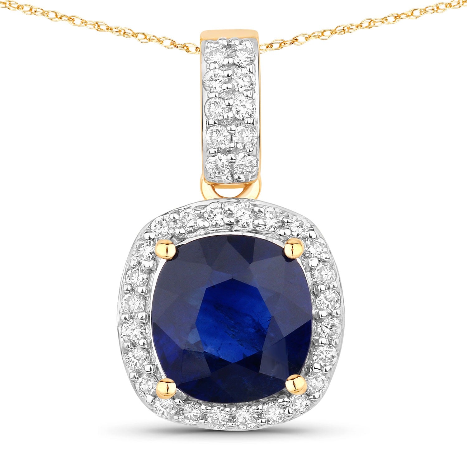 2.18 Ct Genuine Cushion Ceylon Blue Sapphire and Diamond 18K Yellow Gold Halo Pendant