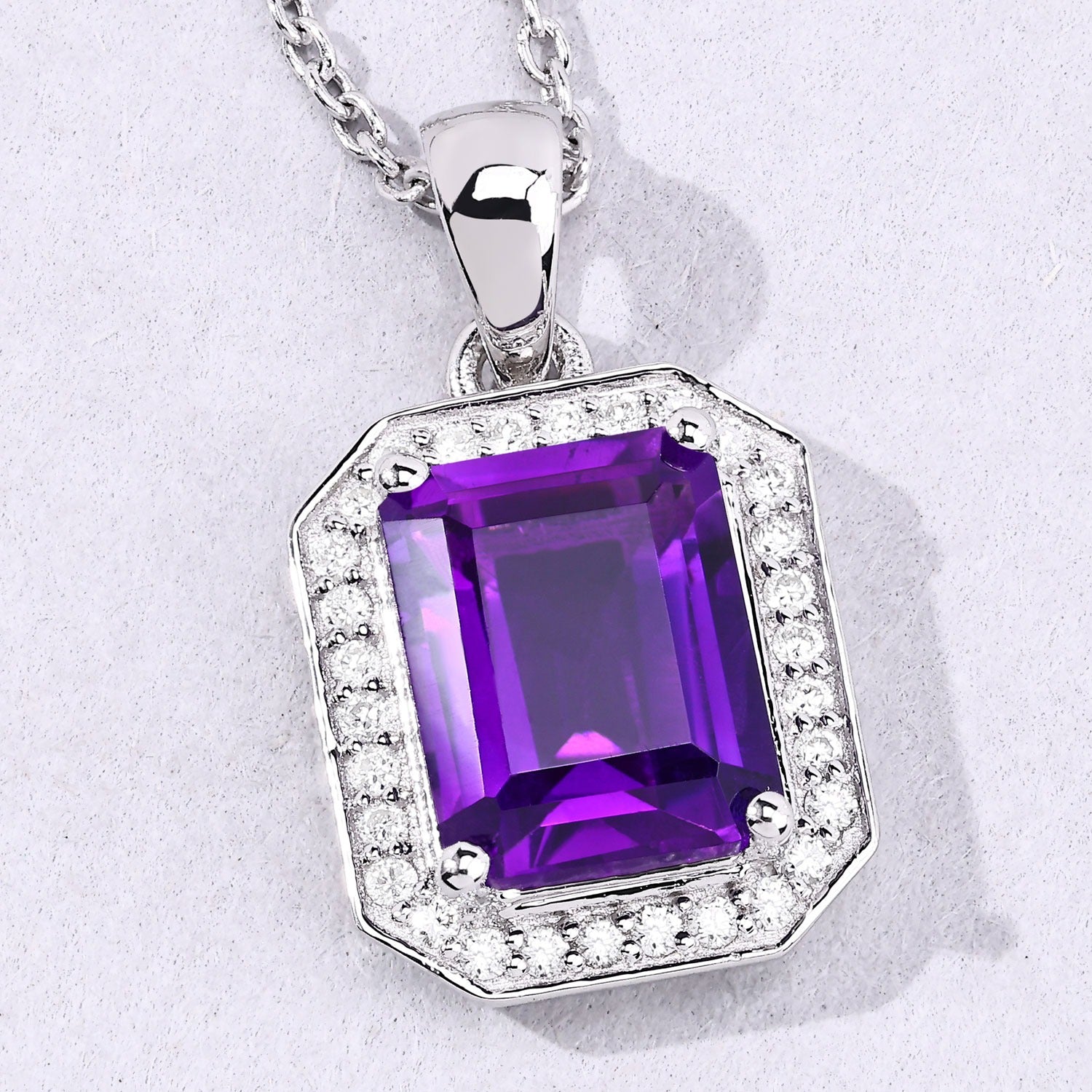 2.28 Ct Genuine Amethyst and Lab Diamond Silver Halo Necklace