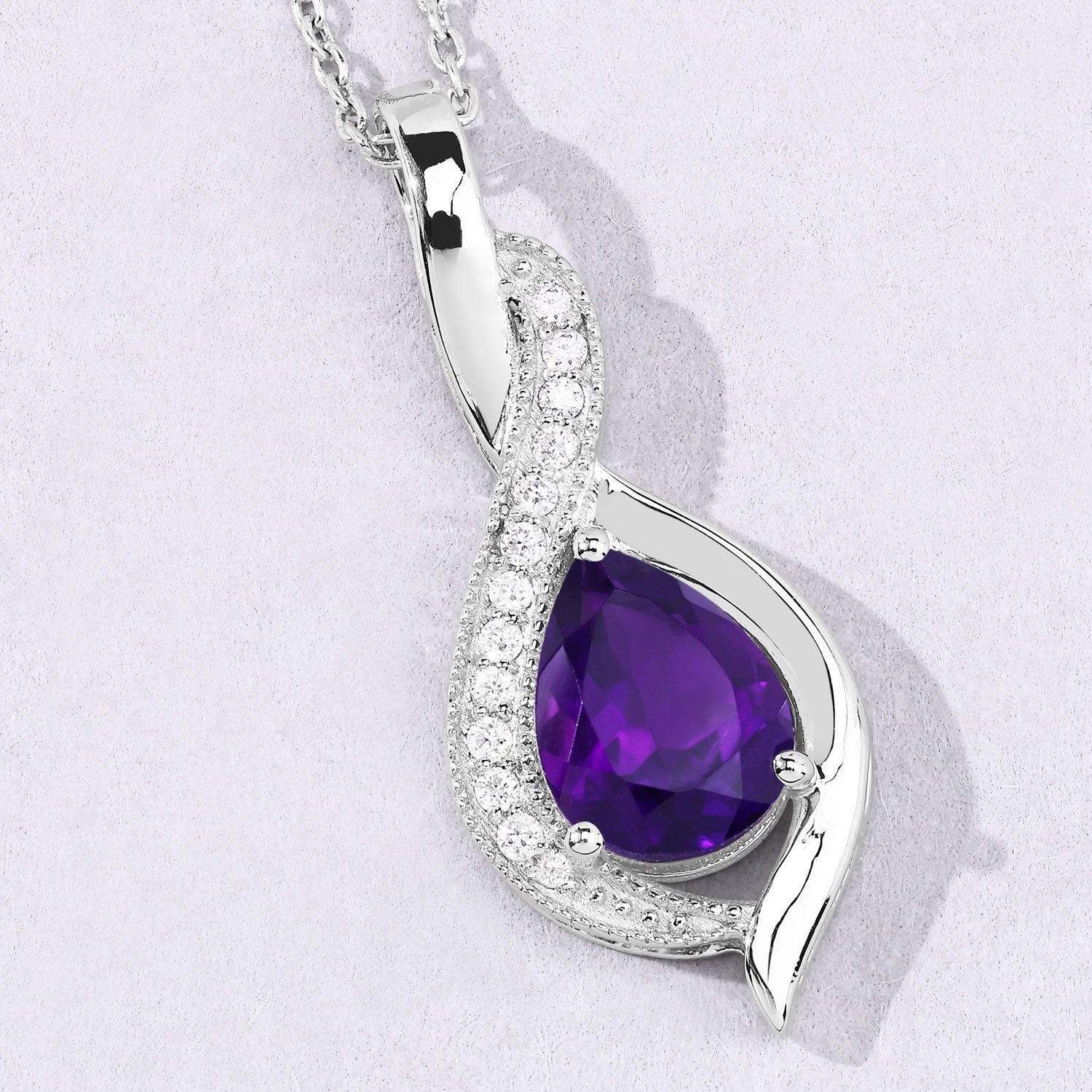 1.52 Ct Genuine Amethyst and Lab Diamond Silver Teardrop Necklace