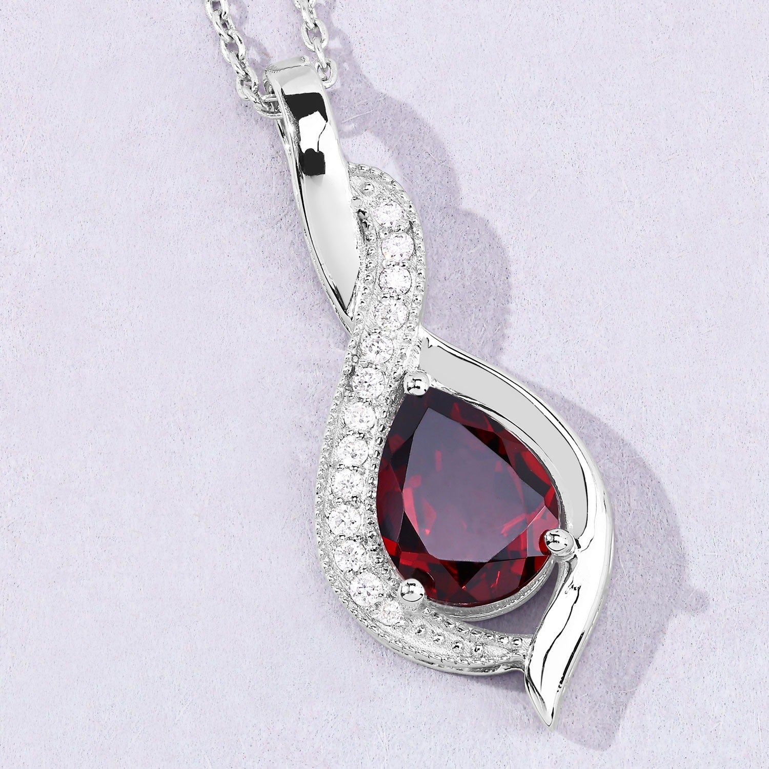 1.92 Ct Genuine Mozambique Garnet and Lab Diamond Silver Teardrop Necklace