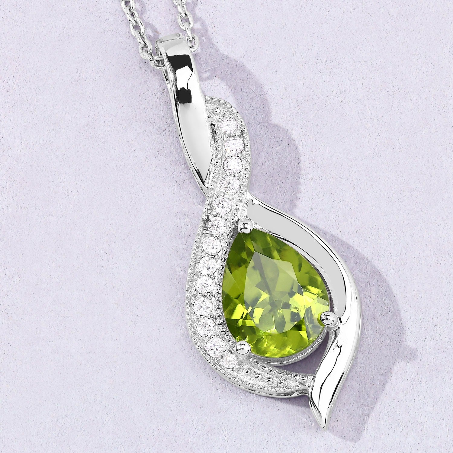 1.58 Ct Genuine Peridot and Lab Grown Diamond Silver Teardrop Necklace