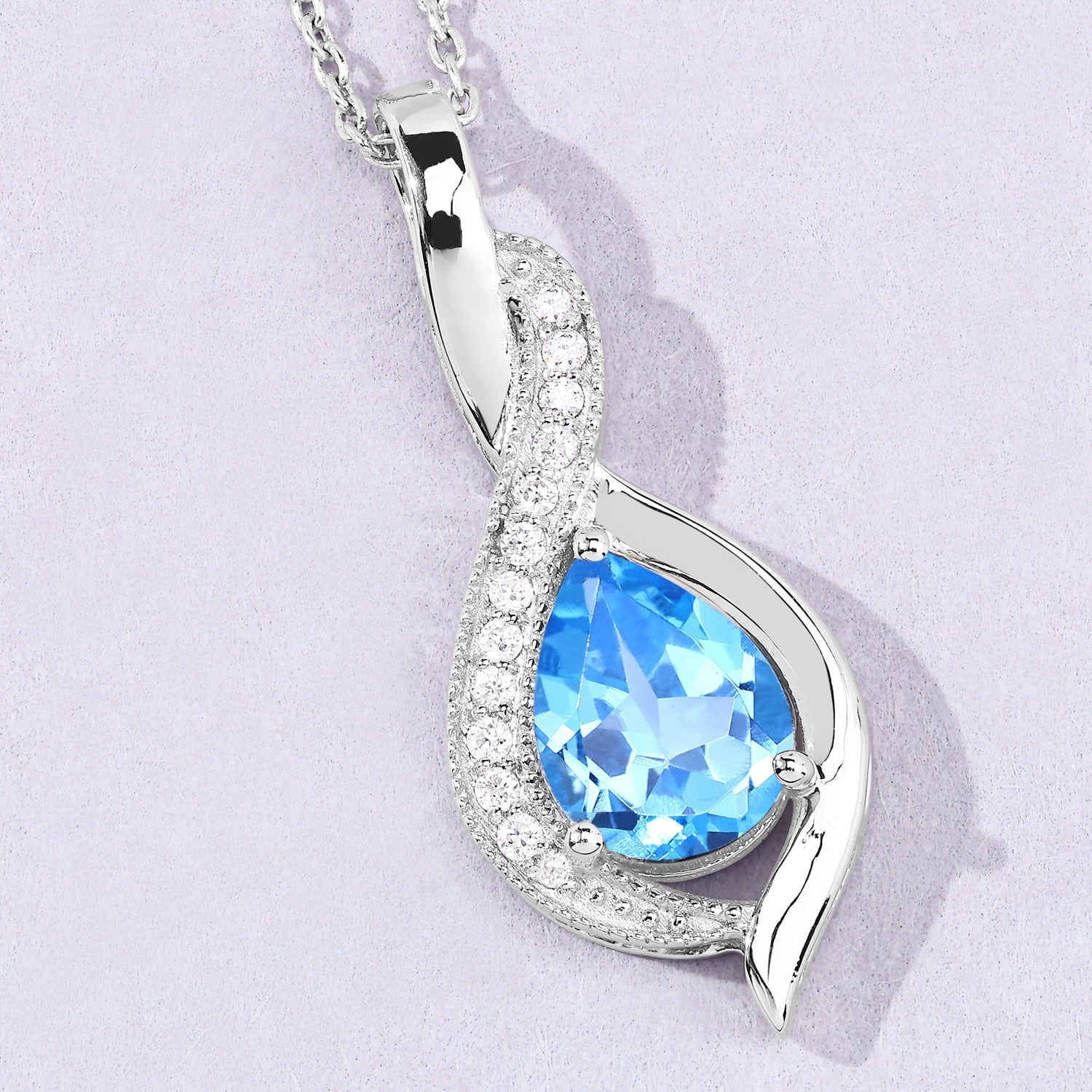 2.02 Ct Genuine Swiss Blue Topaz and Lab Grown Diamond Silver Teardrop Crossover Pendant Necklace Fine Color Jewels