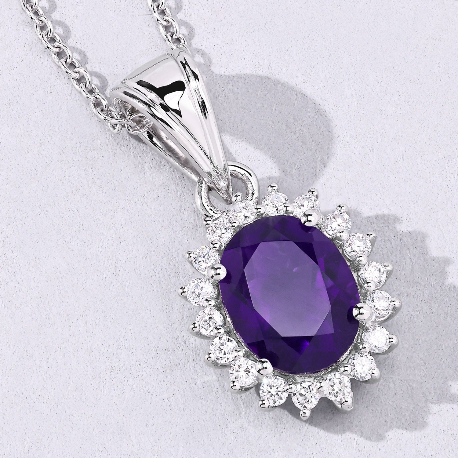 1.87 Ct Genuine Amethyst and Lab Grown Diamond Silver Halo Necklace