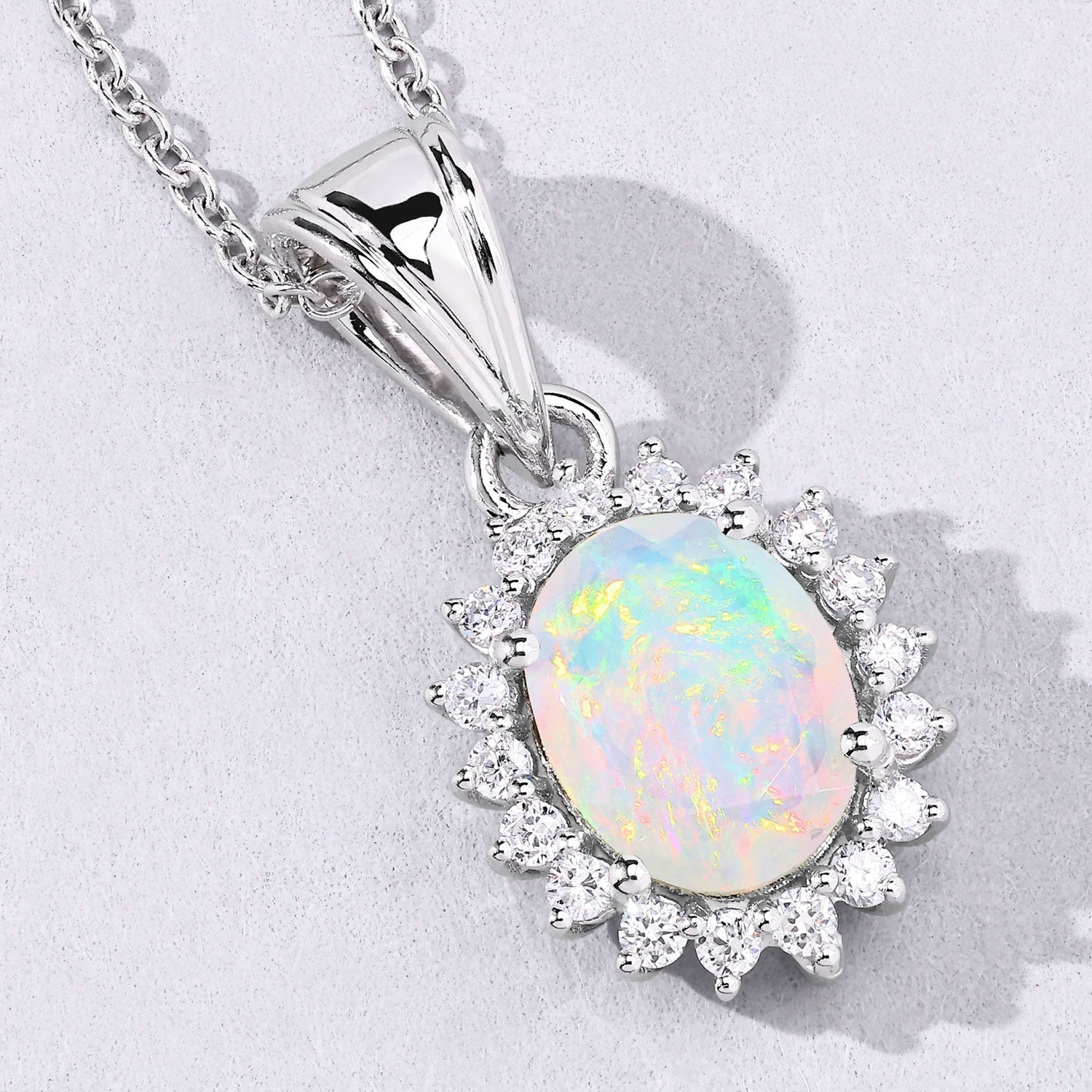 1.17 Ct Genuine Ethiopian Opal and Lab Grown Diamond Silver Halo Necklace Fine Color Jewels