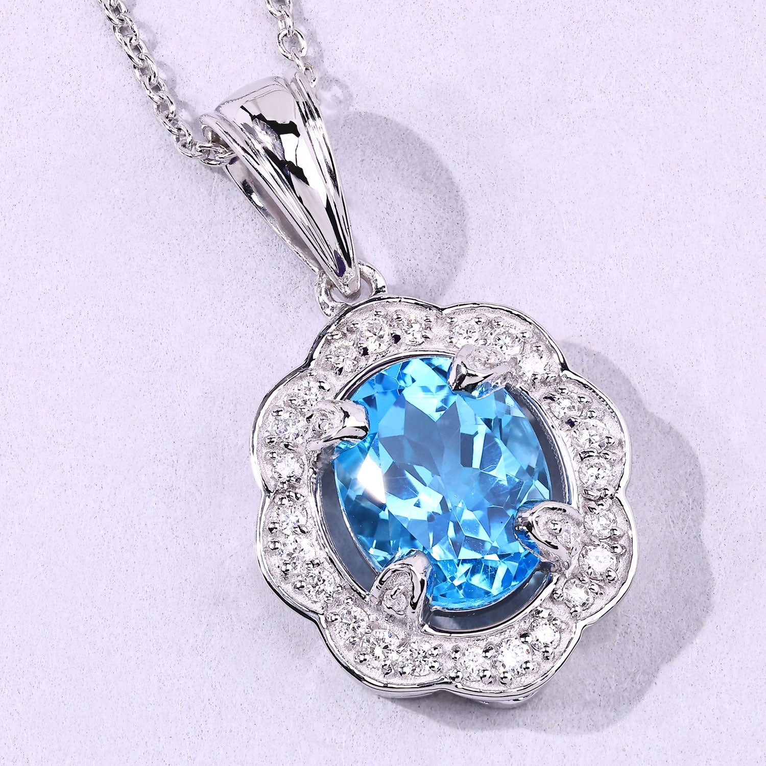 2.87 Ct Genuine Swiss Blue Topaz and Lab Grown Diamond Silver Halo Necklace
