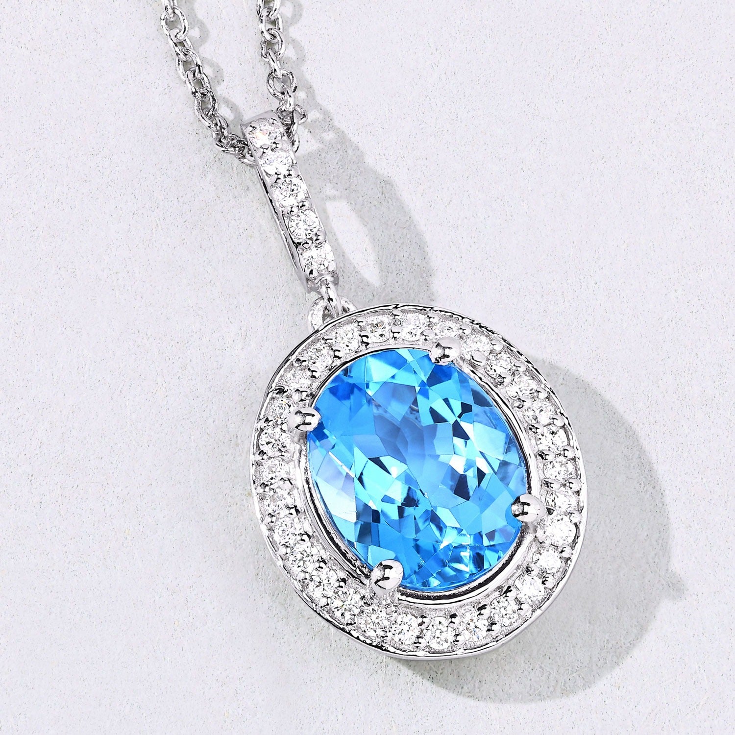 2.81 Ct Genuine Swiss Blue Topaz and Lab Diamond Silver Halo Necklace