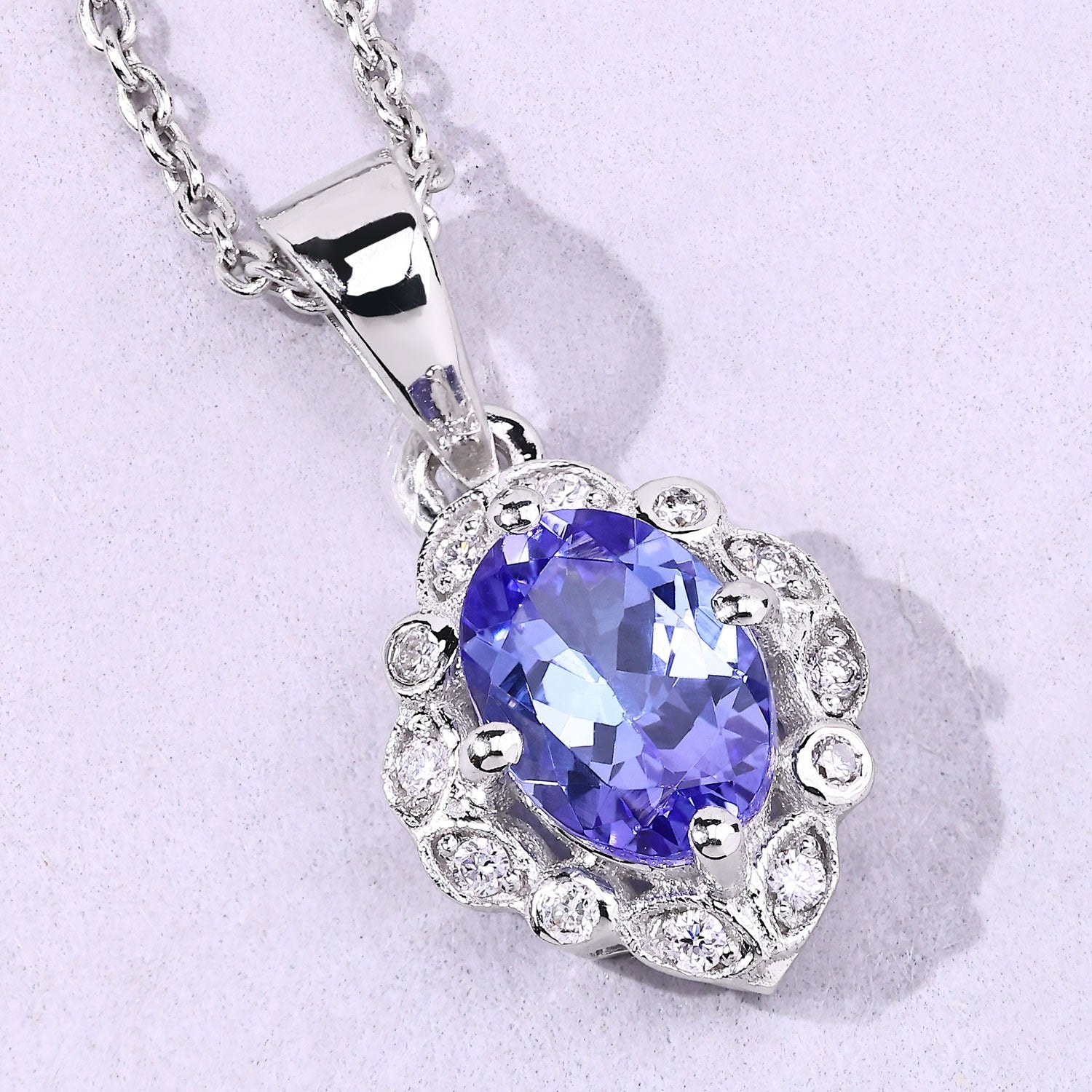 0.81 Ct Genuine Oval Tanzanite and Lab Diamond Silver Halo Necklace