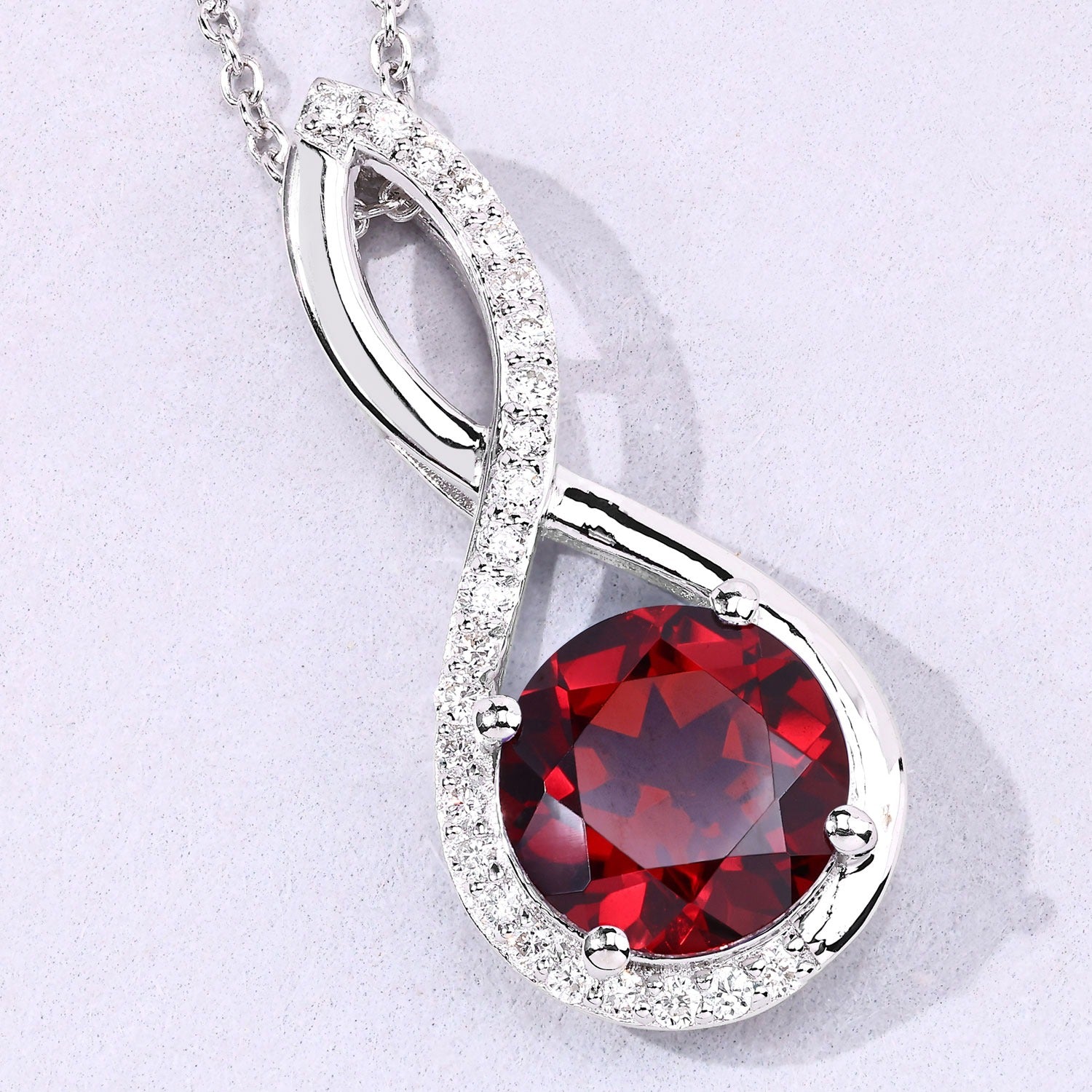3.49 Ct Genuine Mozambique Garnet and Lab Diamond Silver Infinity Necklace
