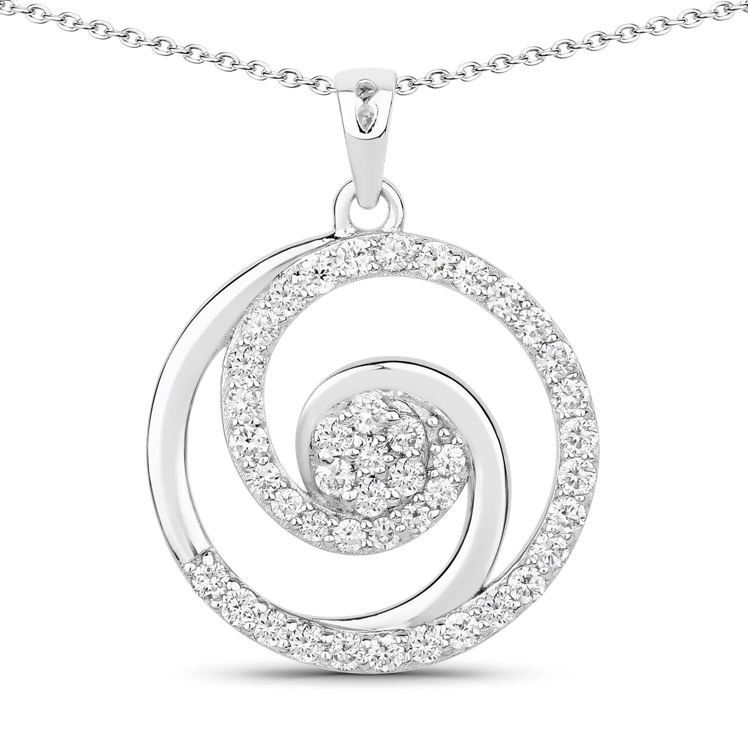 0.75 Cttw Round Lab Diamond Prong Rhodium Plated Silver Spiral Galaxy Circle Pendant