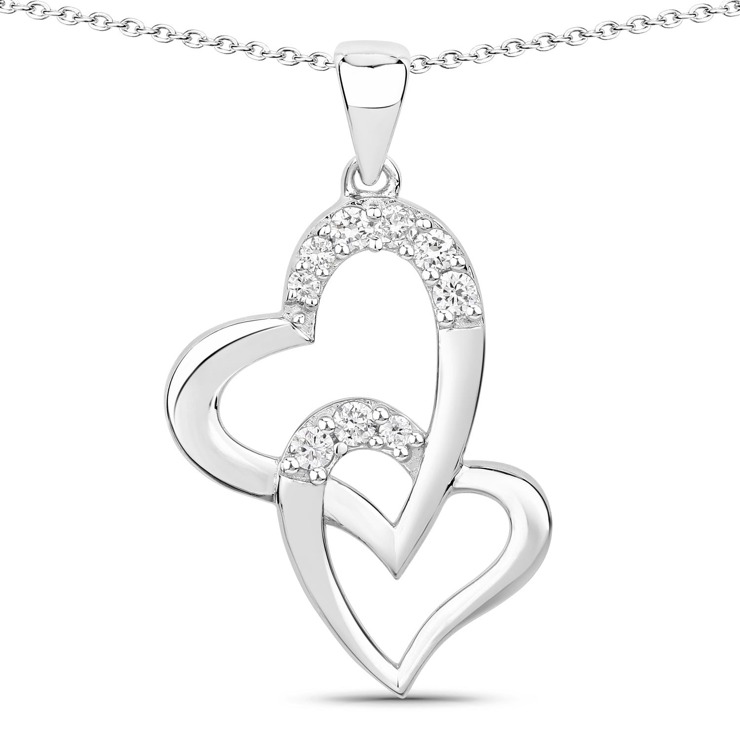 0.26 Cttw Round Lab Diamond Prong Rhodium Plated Silver Intertwined Double Heart Pendant