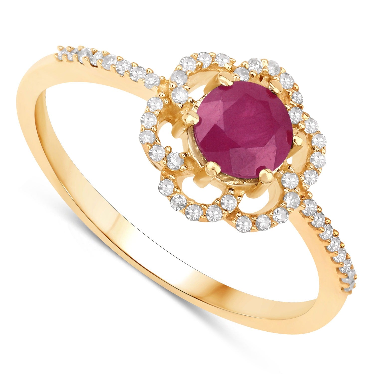 0.68 Ct Round Cut Pink Ruby and White Diamond Prong 14K Yellow Gold Halo Floral Ring