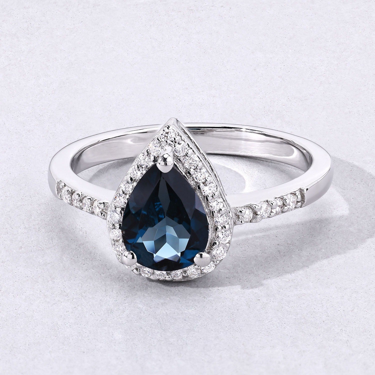 1.33 Ct Genuine London Blue Topaz and Lab Diamond Silver Halo Bridge Ring Fine Color Jewels