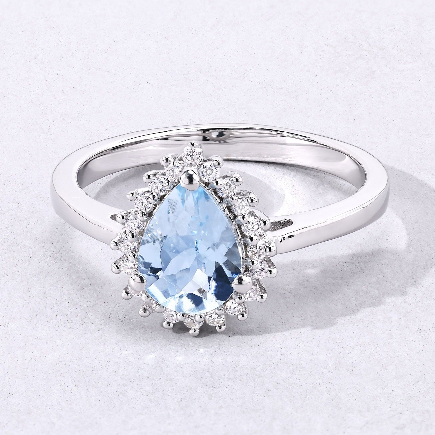 0.95 Ct Genuine Aquamarine and Lab Diamond Silver Pear Shaped Halo Ring Fine Color Jewels