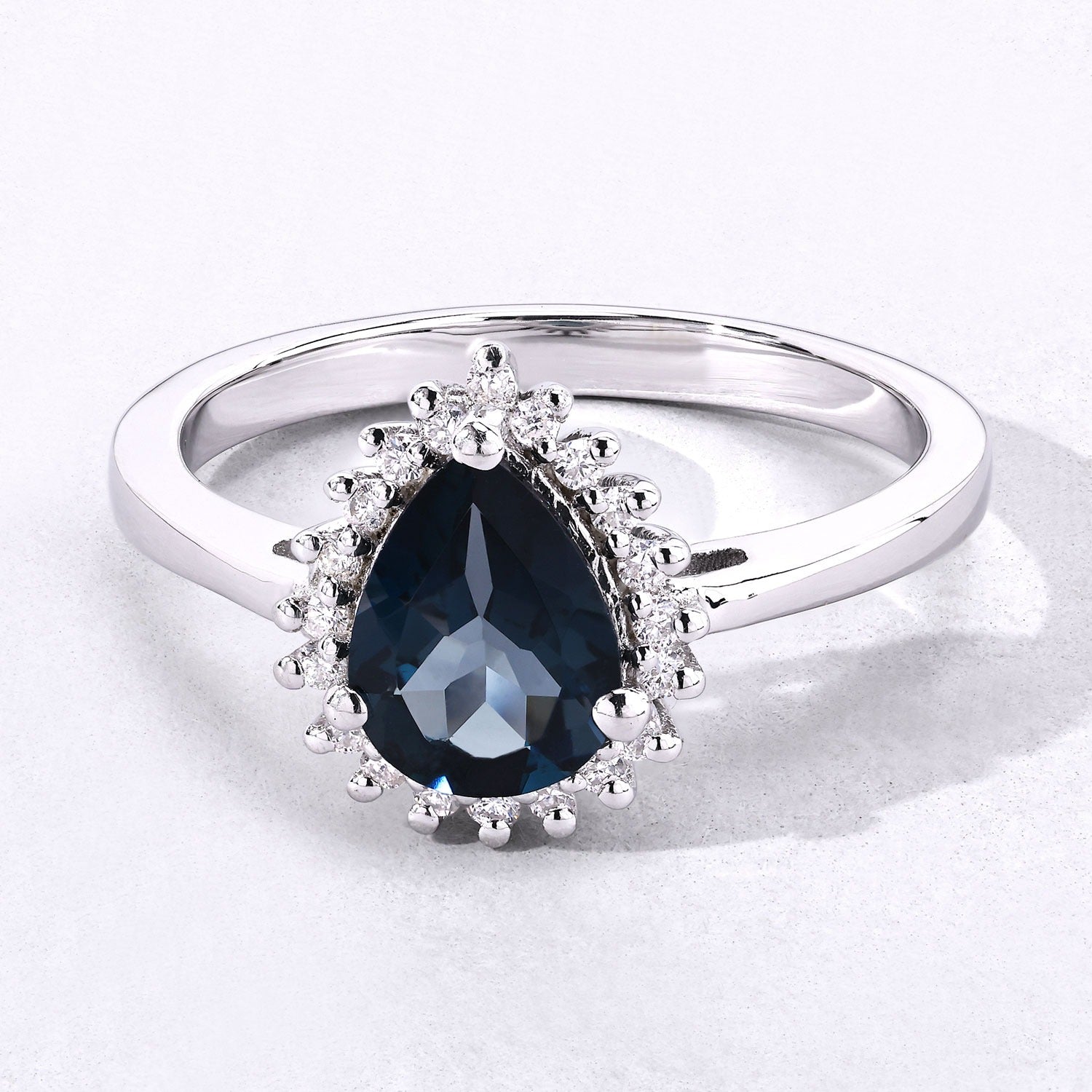 1.27 Ct Genuine London Blue Topaz and Lab Diamond Silver Pear Shaped Halo Ring Fine Color Jewels