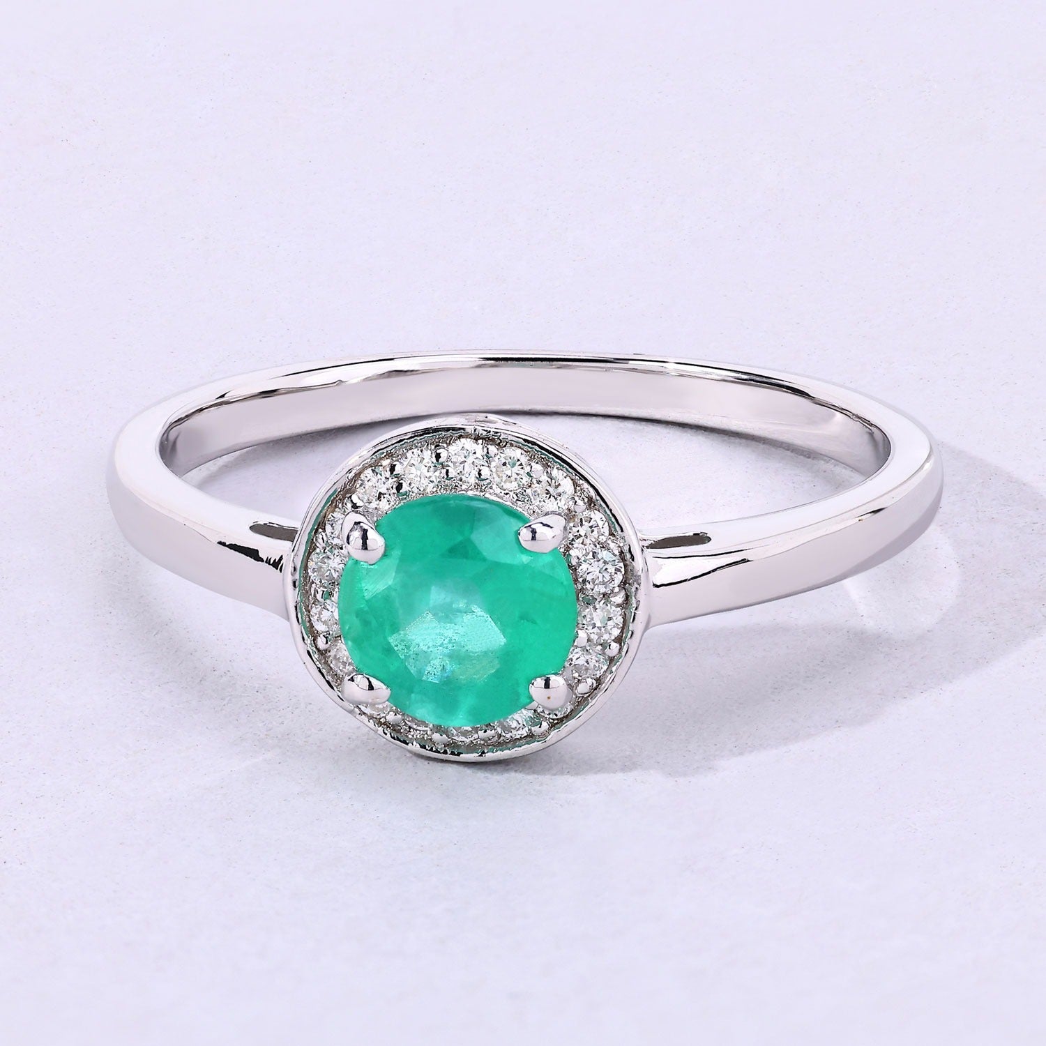 0.51 Ct Genuine Zambian Emerald and Lab Grown Diamond Silver Halo Ring Fine Color Jewels