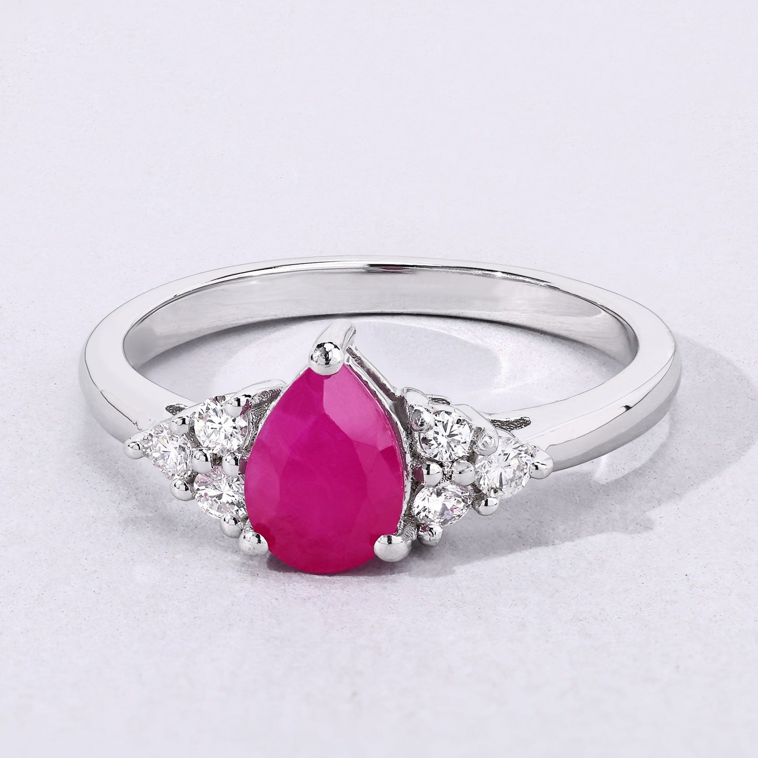 1.01 Ct Genuine Mozambique Ruby and Lab Diamond Sterling Silver Pear Cut Cocktail Ring Fine Color Jewels