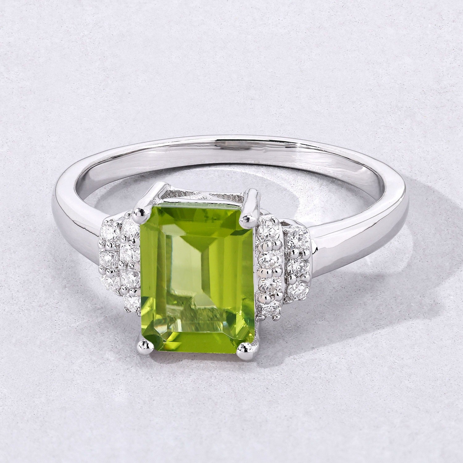 1.74 Carat Genuine Peridot and Lab Diamond Sterling Silver Cocktail Ring Fine Color Jewels