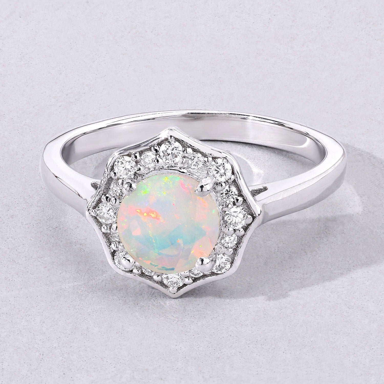 0.77 Ct Genuine Ethiopian Opal and Lab Diamond Sterling Silver Halo Ring Fine Color Jewels