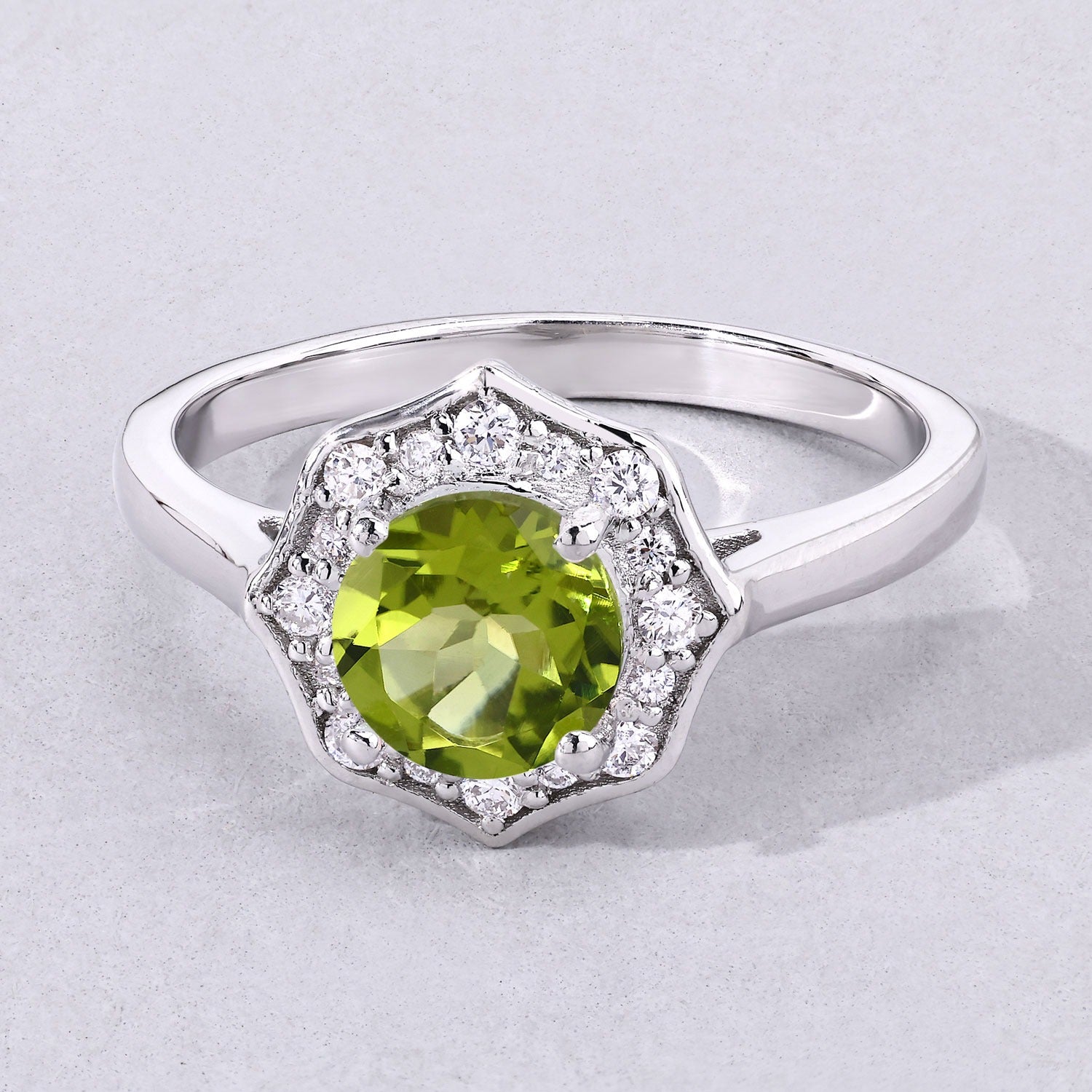 1.27 Ct Genuine Green Peridot and Lab Diamond Sterling Silver Halo Ring Fine Color Jewels
