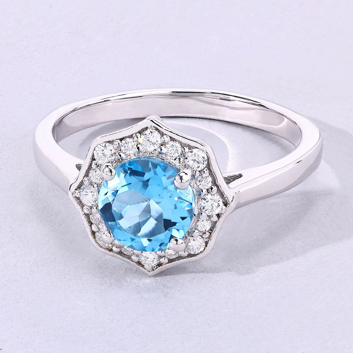 1.37 Ct Genuine Swiss Blue Topaz and Lab Diamond Silver Round Halo Ring Fine Color Jewels