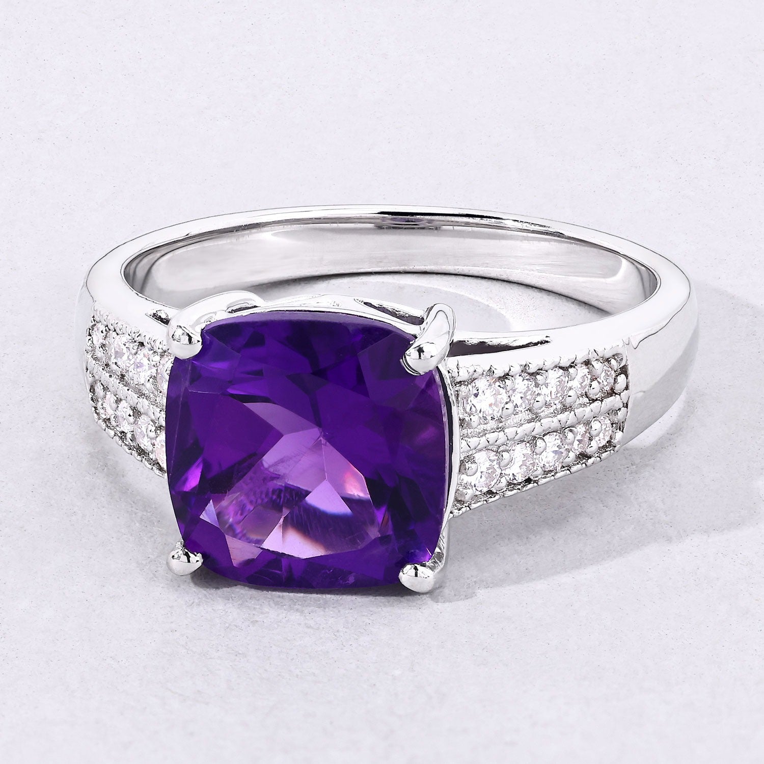2.77 Ct Genuine Purple Amethyst and Lab Diamond Silver Bridge Ring Fine Color Jewels