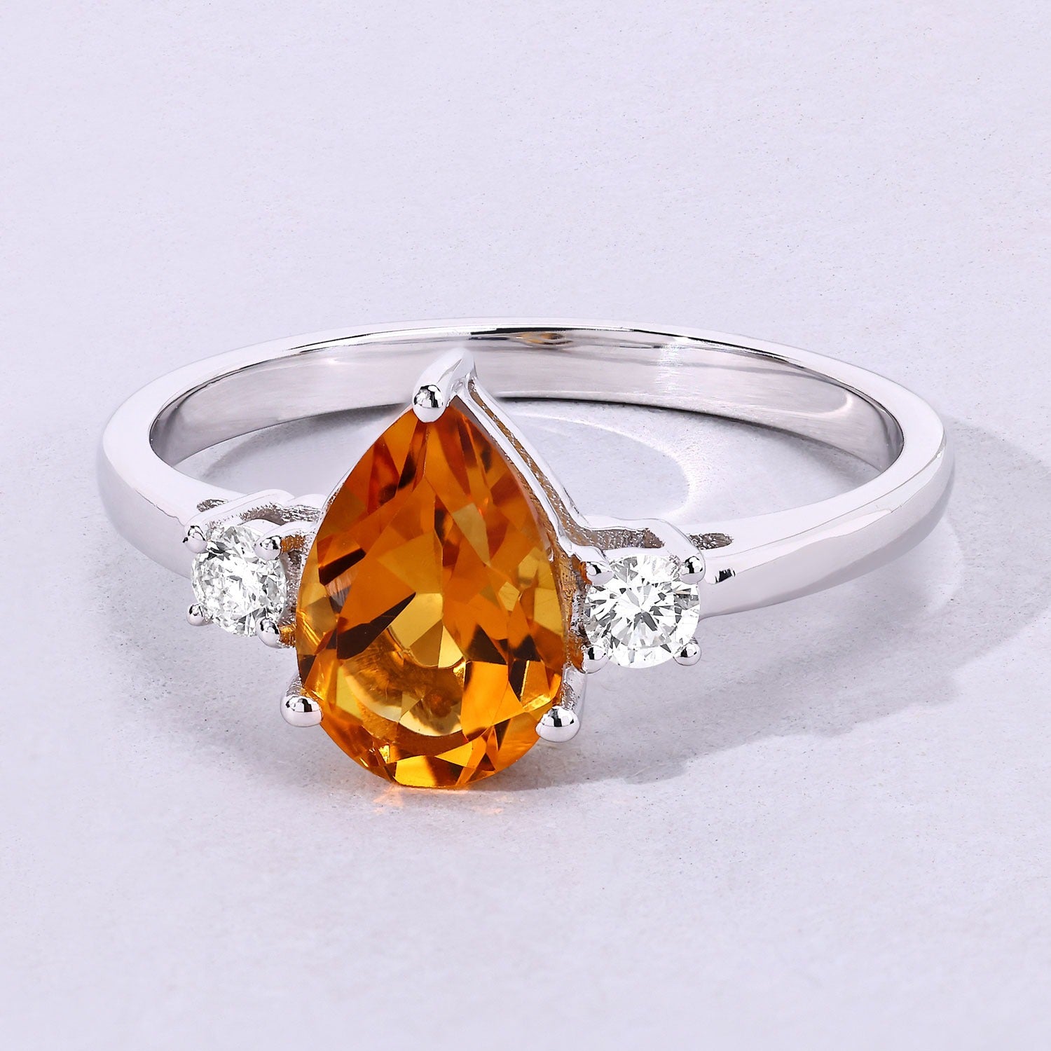 1.17 Ct Genuine Pear Shaped Madeira Citrine and Lab Diamond Silver 3 Stone Ring Fine Color Jewels